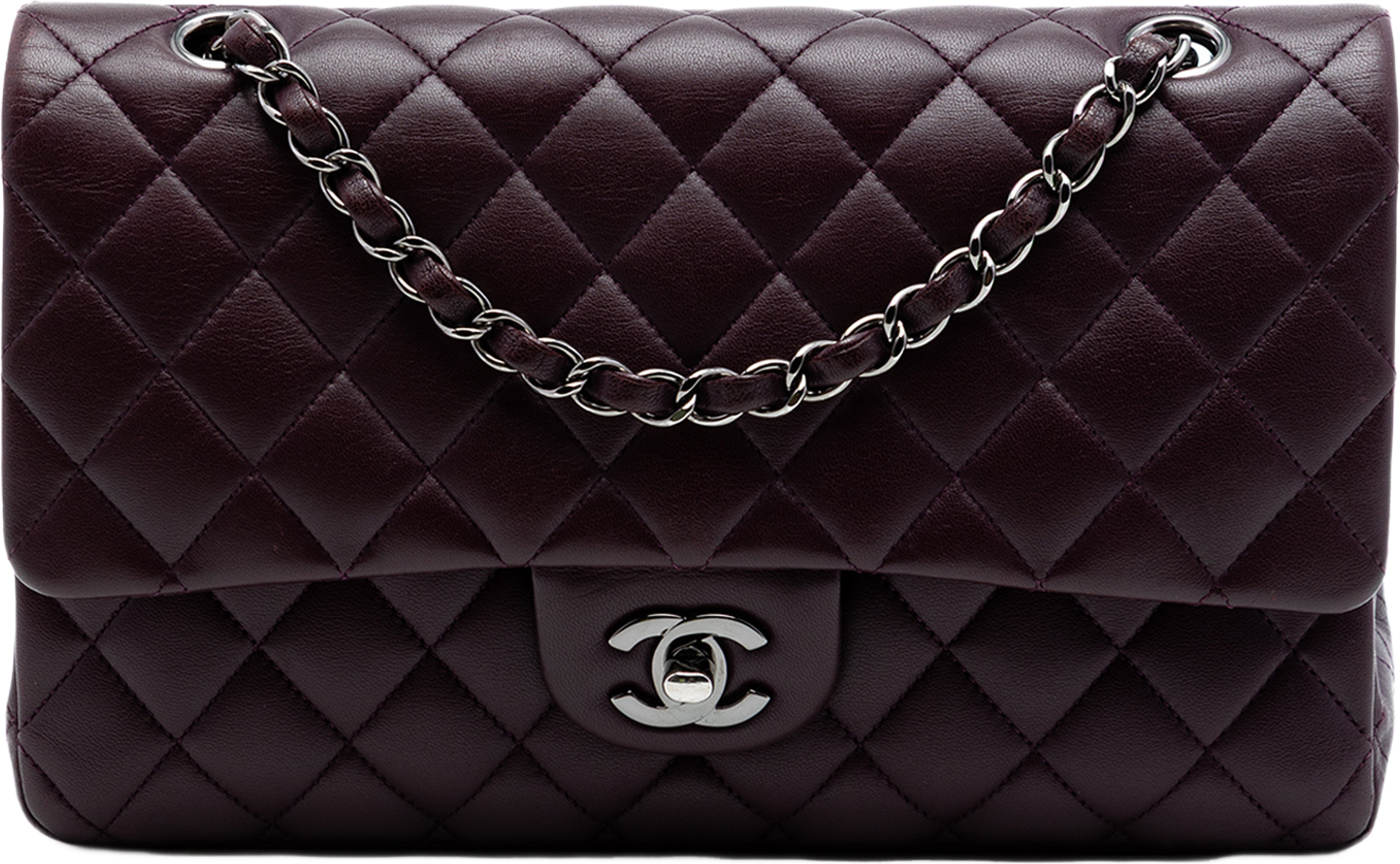Chanel Medium Classic Lambskin Double Flap, från Luxclusif, i färgen plum. Klicka för att öppna bilden i stort format