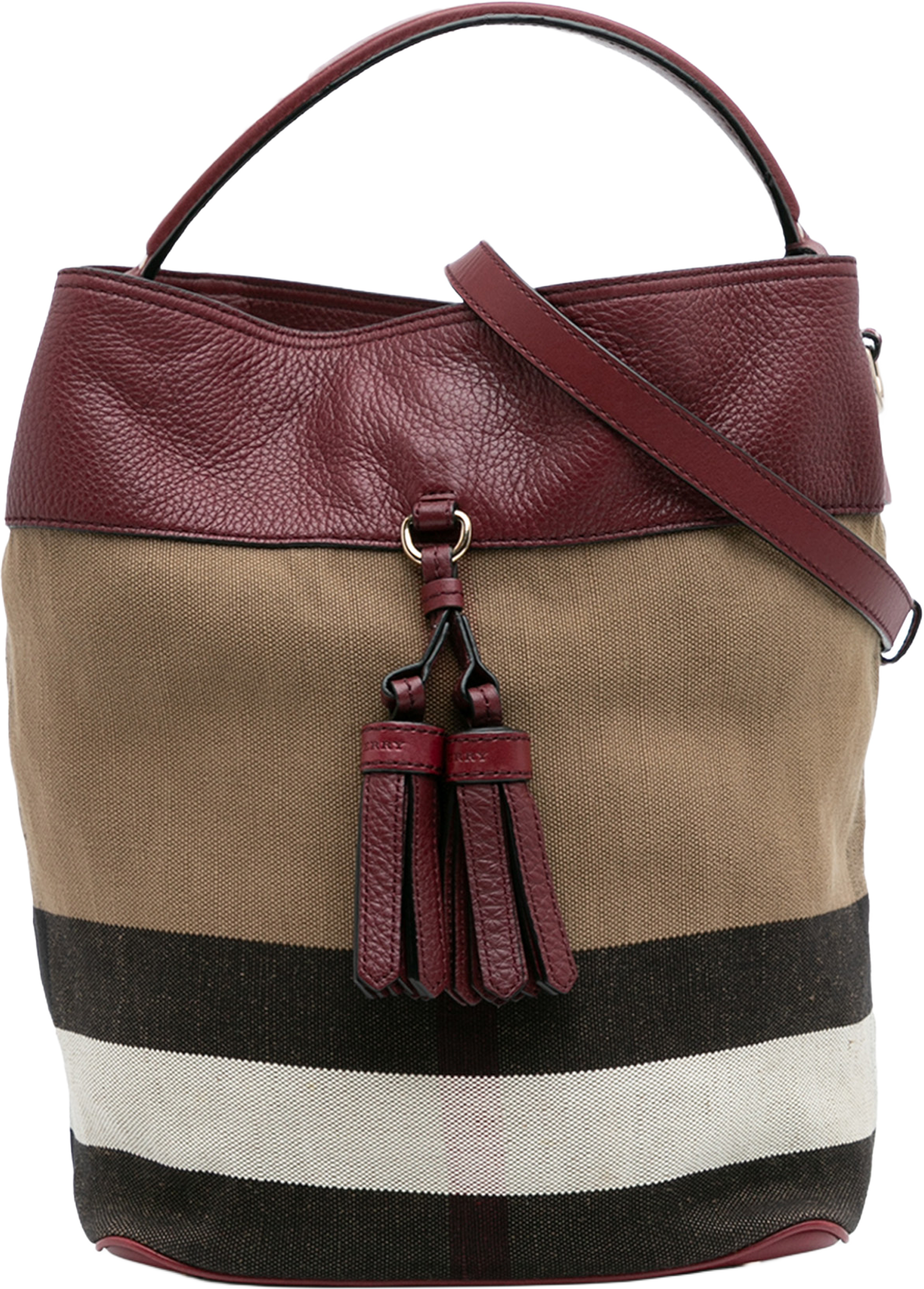 Burberry Medium Mega Check Canvas And Grained Calfskin Ashby Tassel Bucket Bag, från Luxclusif, i färgen light brown. Klicka för att öppna bilden i stort format