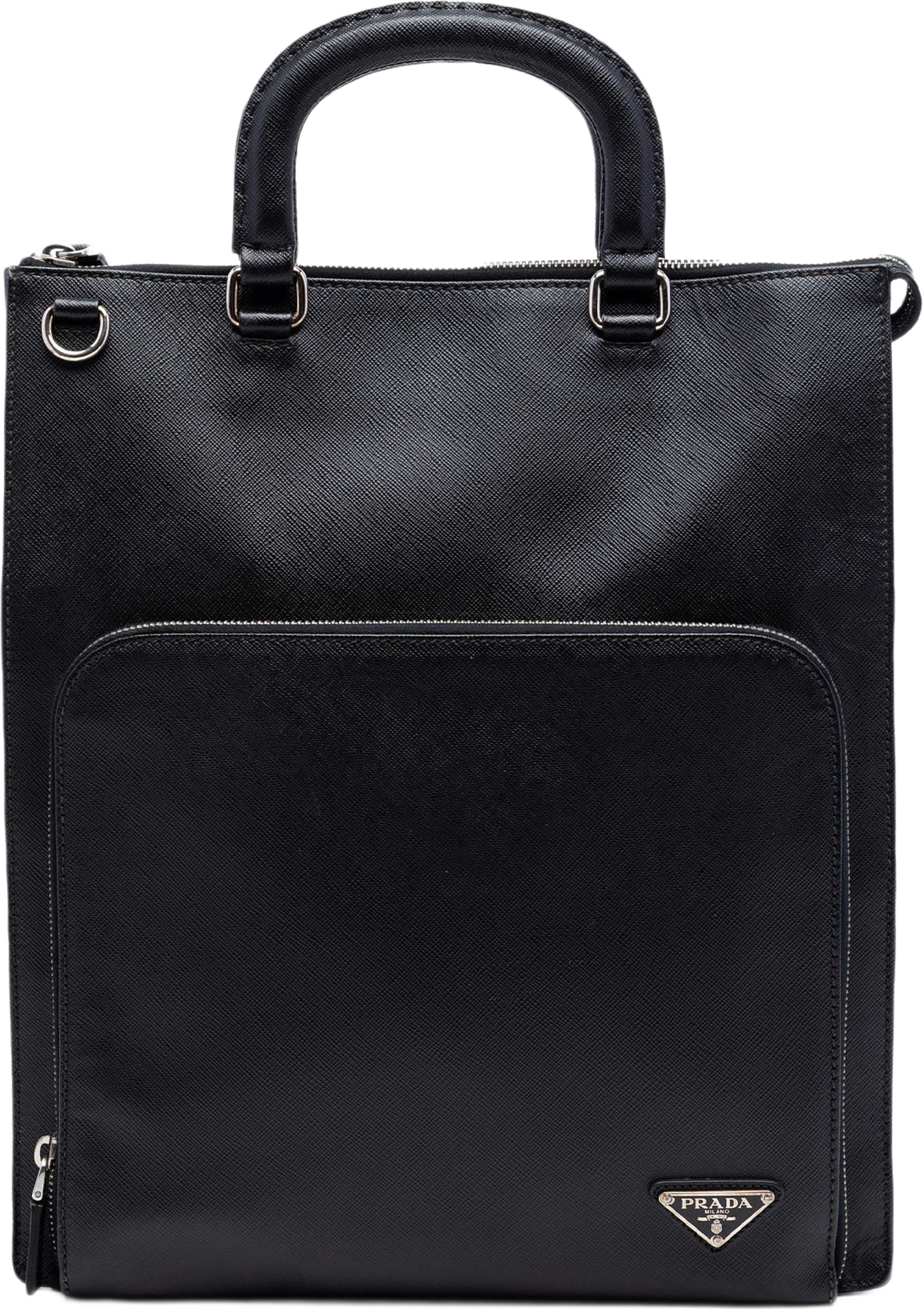 Prada Saffiano Lux Front Pocket Convertible Tote, från Luxclusif, i färgen black. Klicka för att öppna bilden i stort format