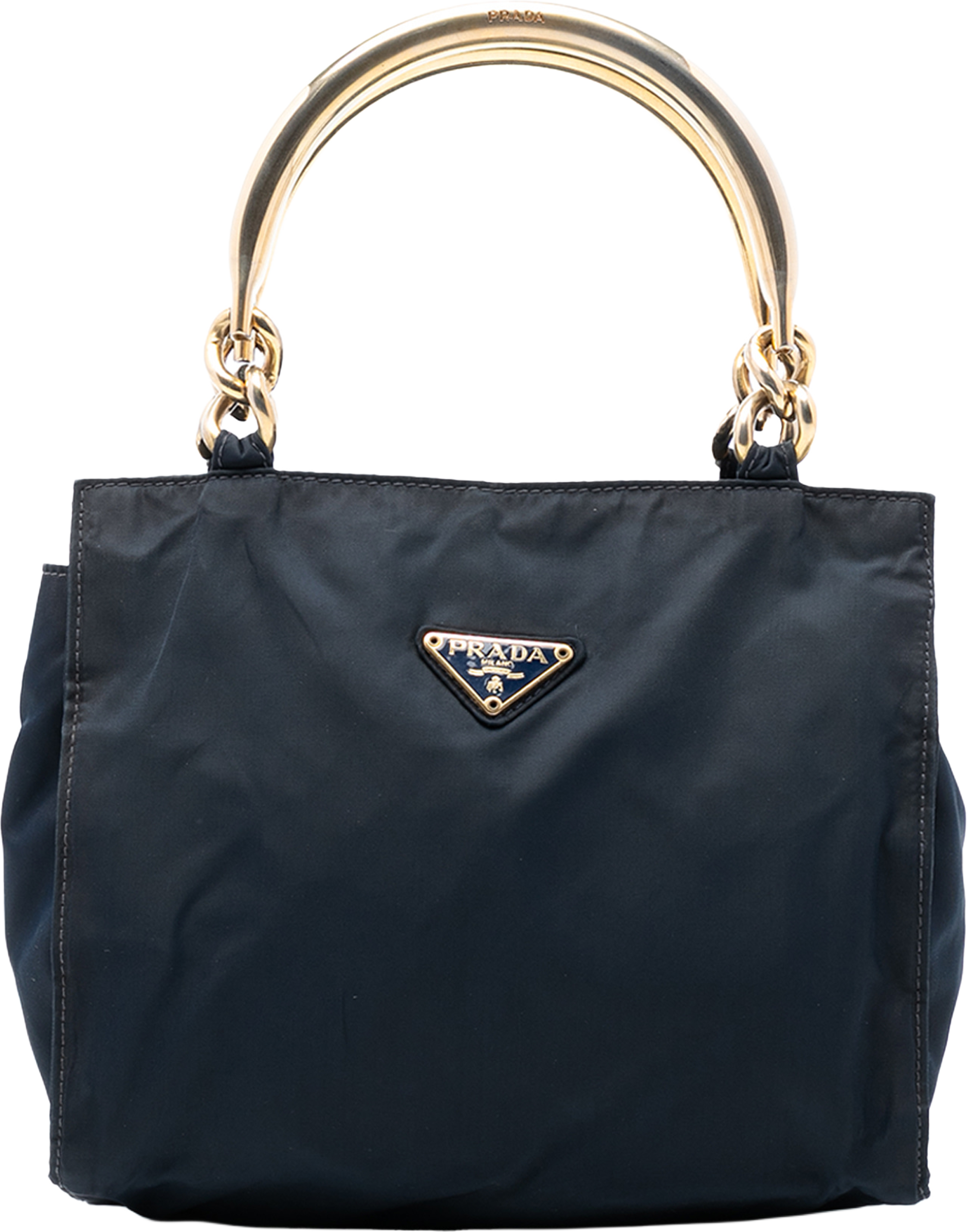 Prada Tessuto Metal Handle Bag, från Luxclusif, i färgen navy. Klicka för att öppna bilden i stort format