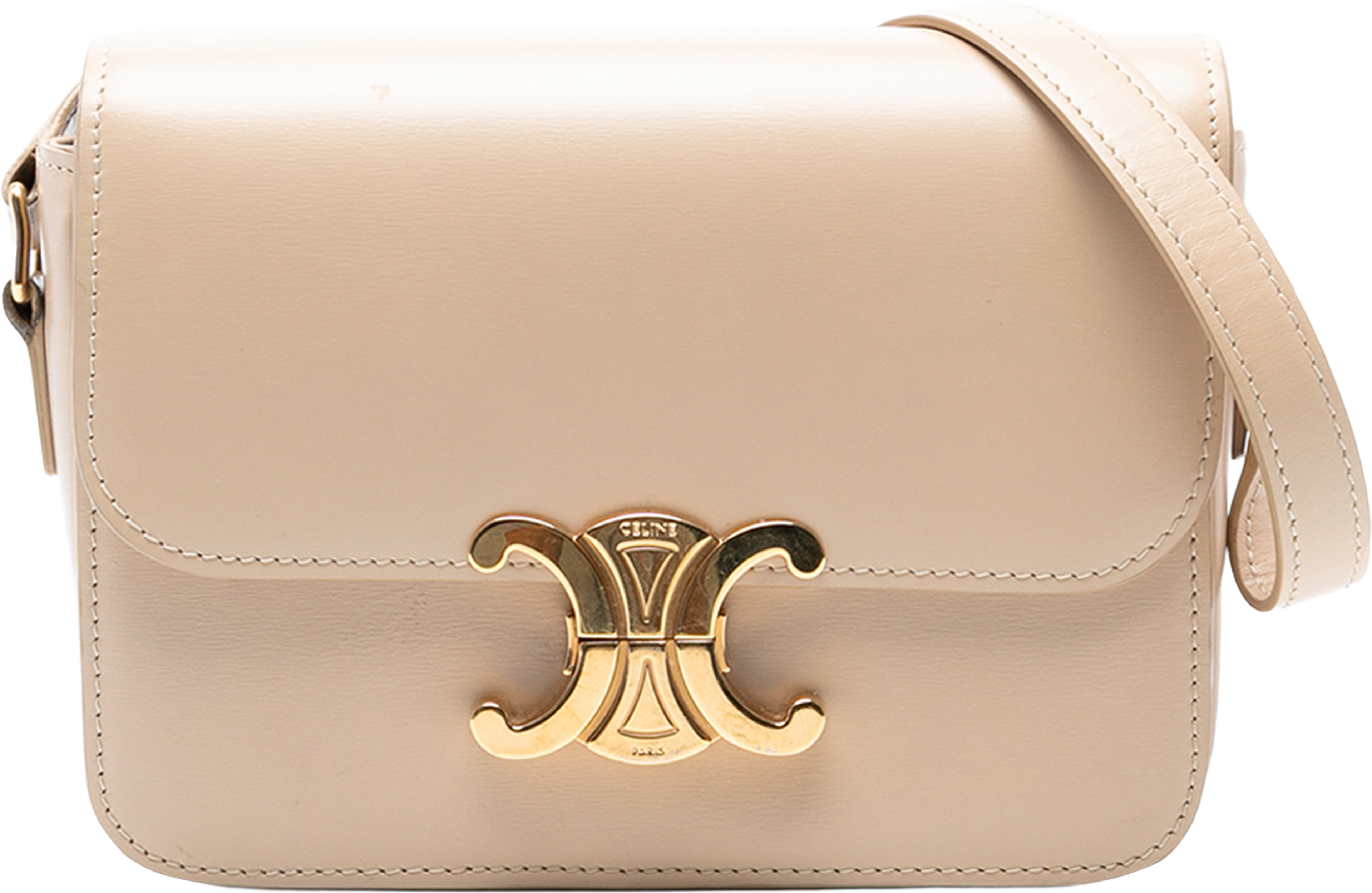 Celine Teen Shiny Calfskin Triomphe Crossbody, från Luxclusif, i färgen light beige. Klicka för att öppna bilden i stort format