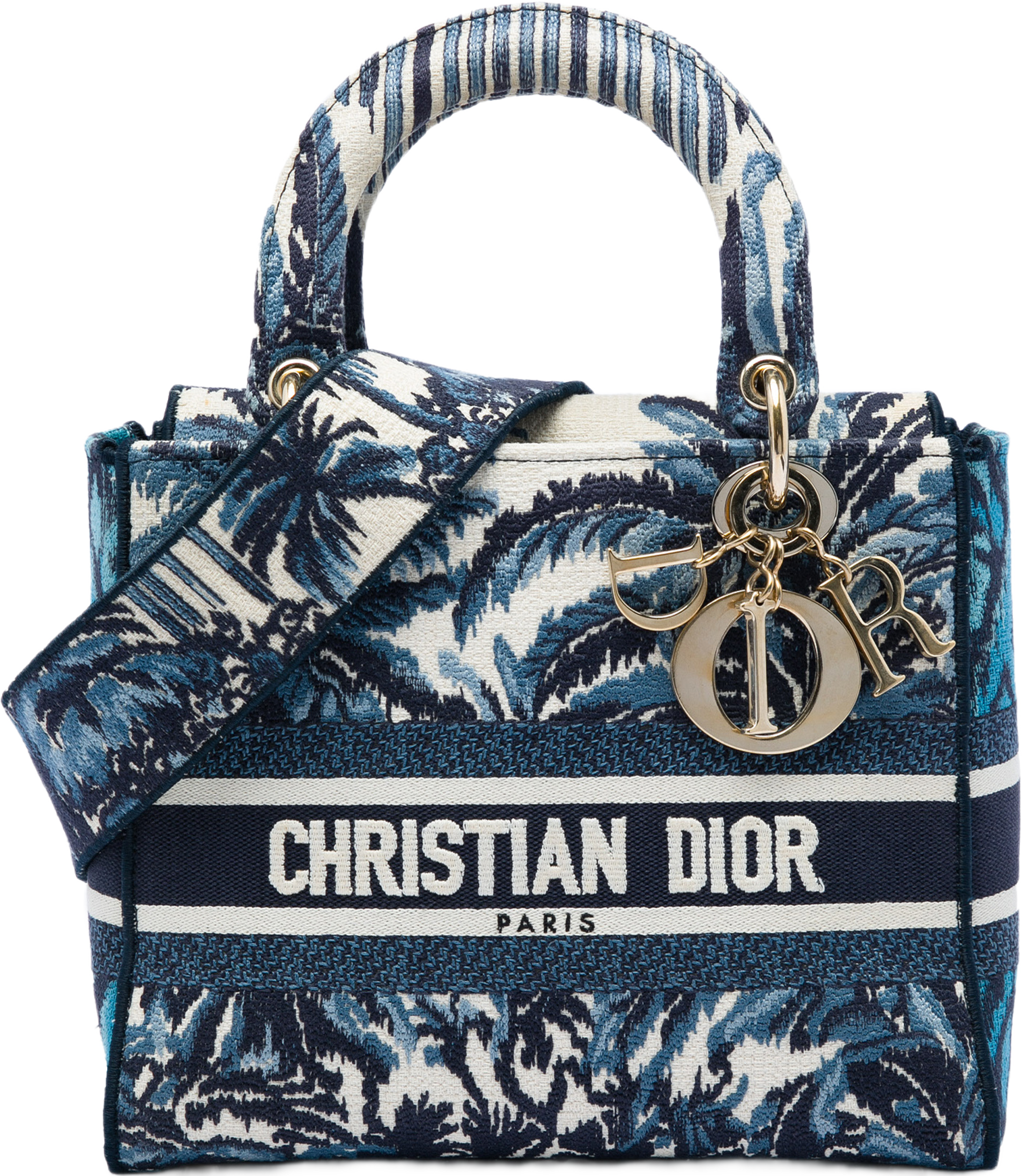 Dior Medium Embroidered Canvas Palm Tree Toile De Jouy Lady D Lite, från Luxclusif, i färgen blå. Klicka för att öppna bilden i stort format