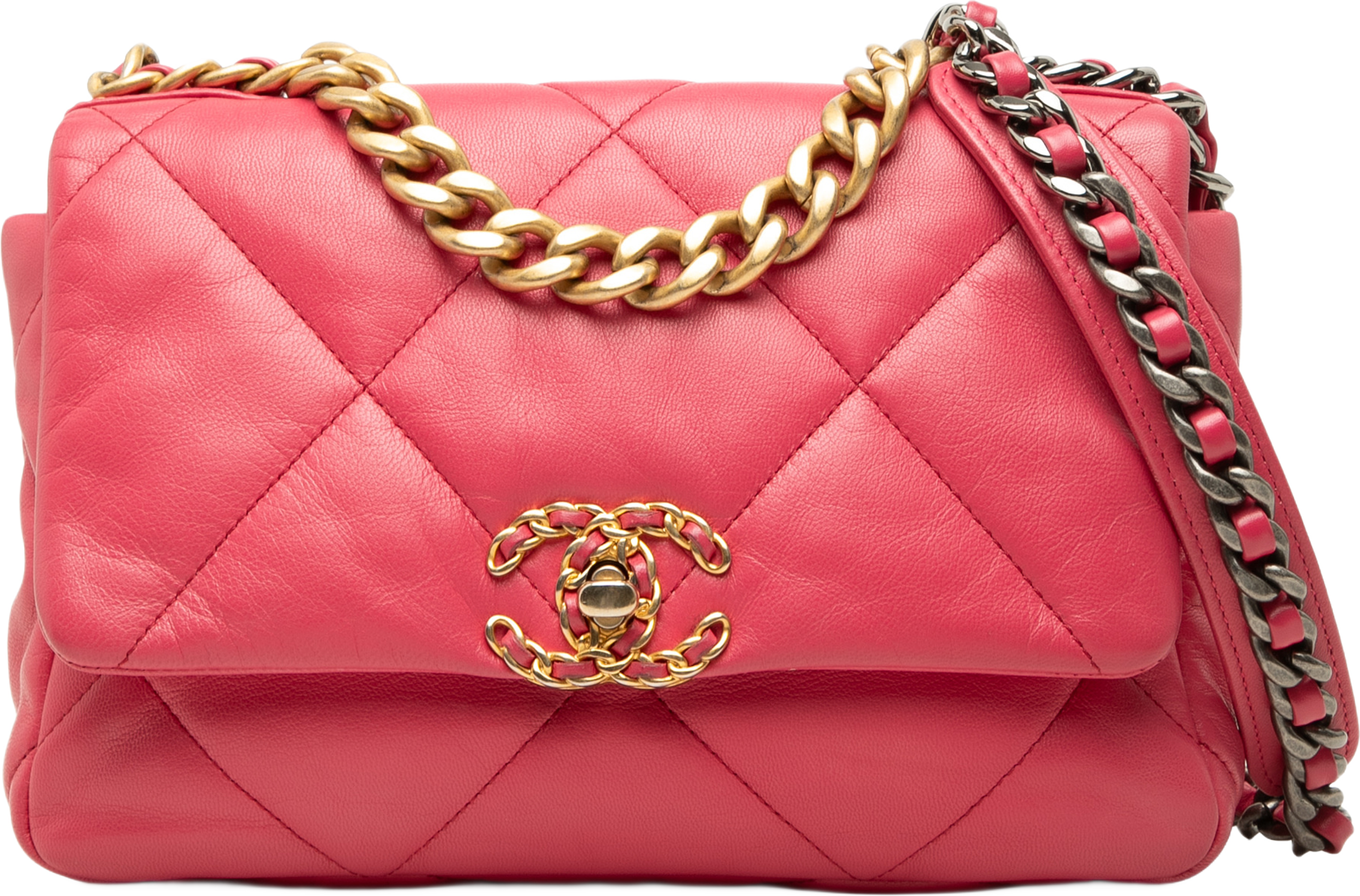 Chanel Medium Lambskin 19 Flap, från Luxclusif, i färgen rosa. Klicka för att öppna bilden i stort format