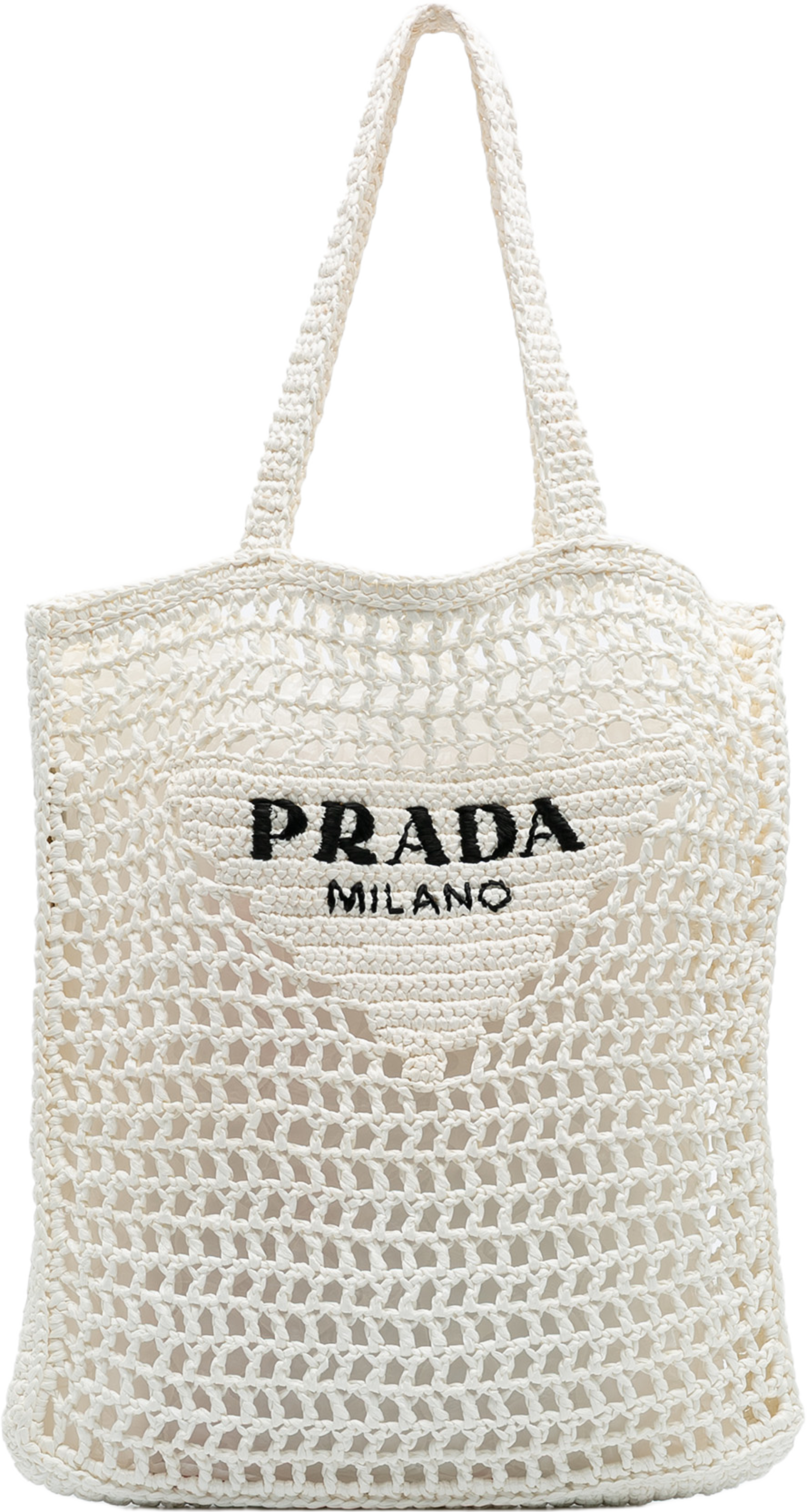 Prada Raffia Effect Crochet Logo Embroidered Tote, från Luxclusif, i färgen white. Klicka för att öppna bilden i stort format