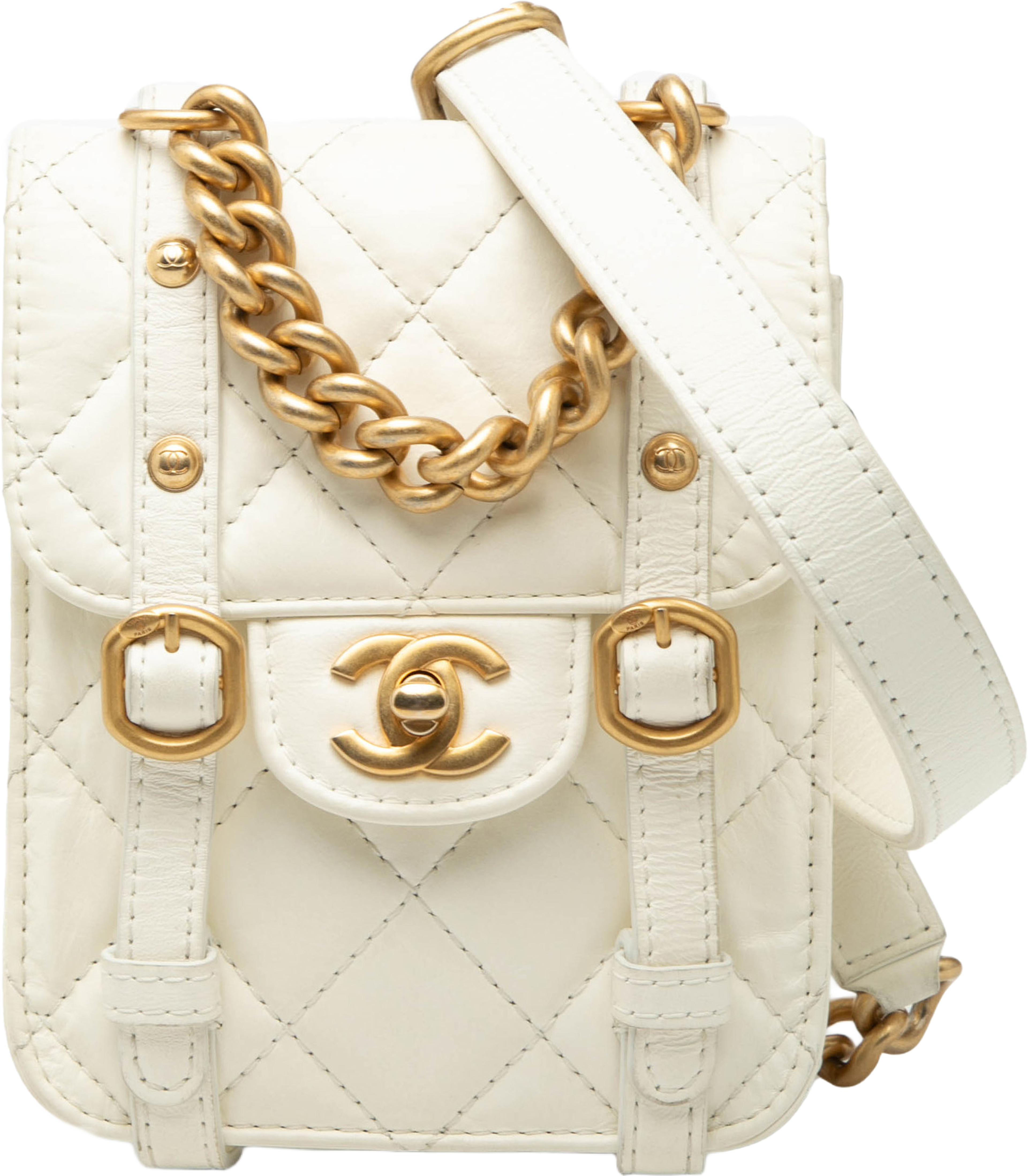 Chanel Mini Aged Calfskin City School Flap, från Luxclusif, i färgen white. Klicka för att öppna bilden i stort format