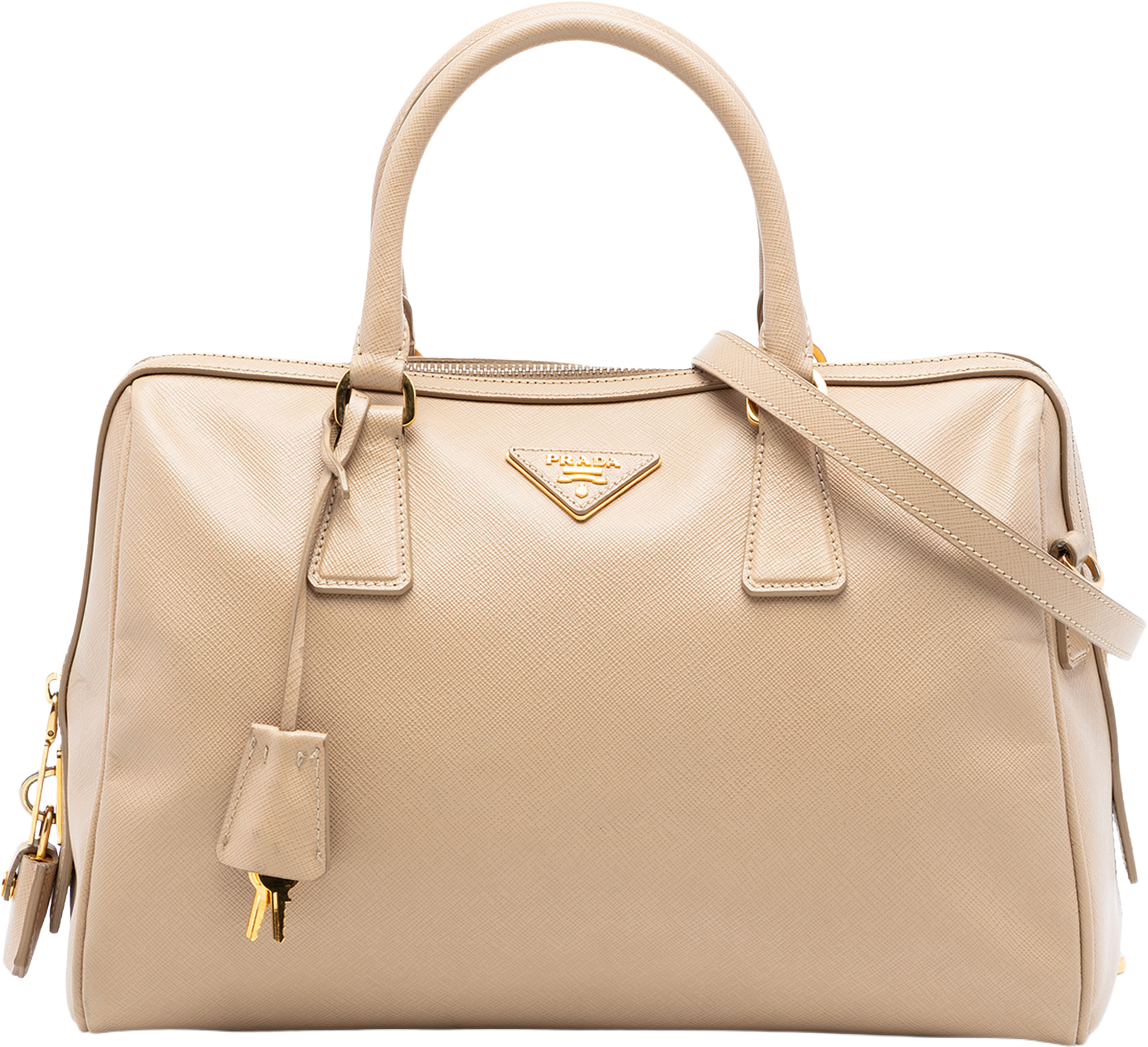 Prada Saffiano Lux Boston Bag, från Luxclusif, i färgen beige. Klicka för att öppna bilden i stort format