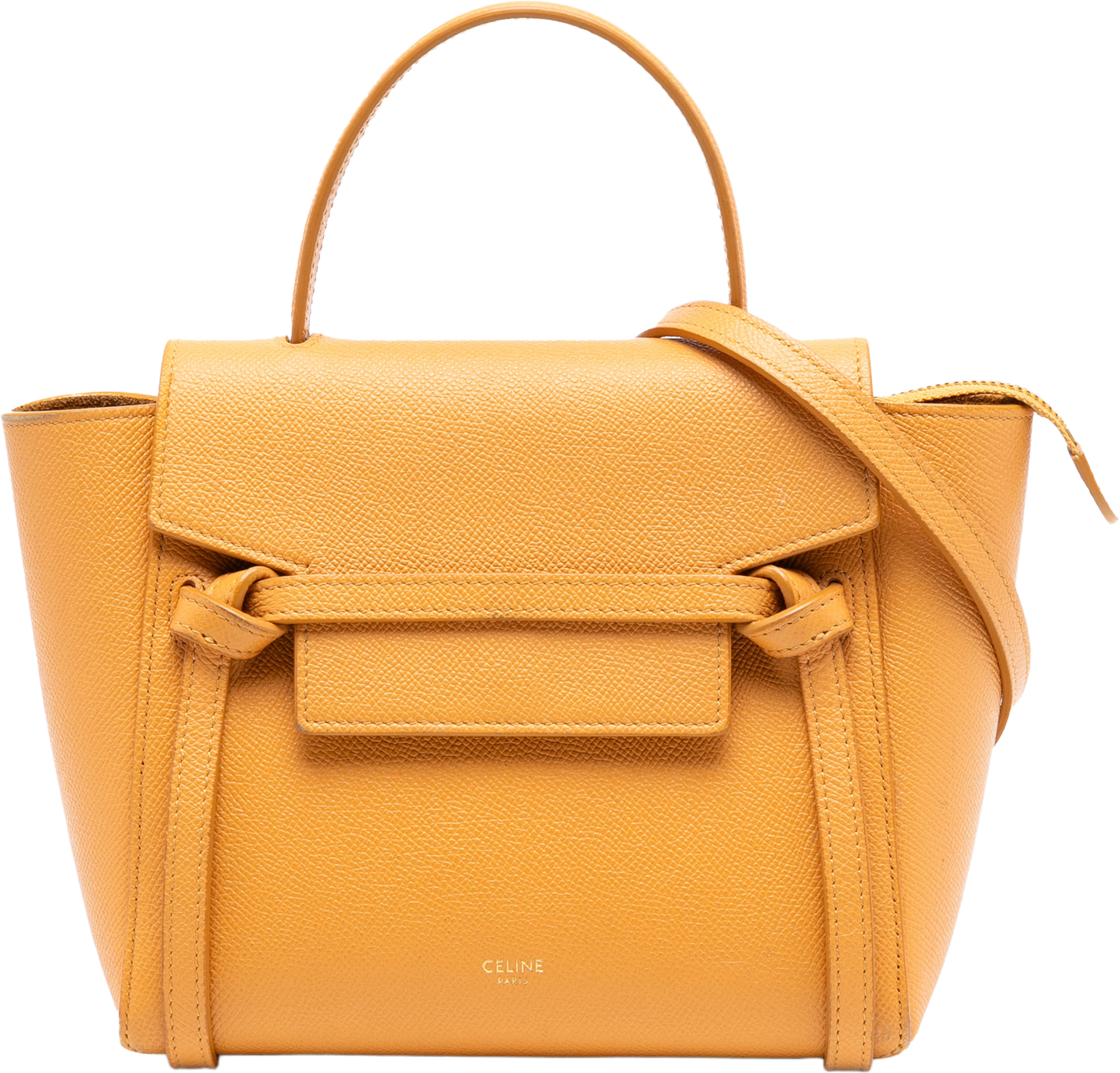 Celine Nano Grained Calfskin Belt Bag, från Luxclusif, i färgen mustard. Klicka för att öppna bilden i stort format