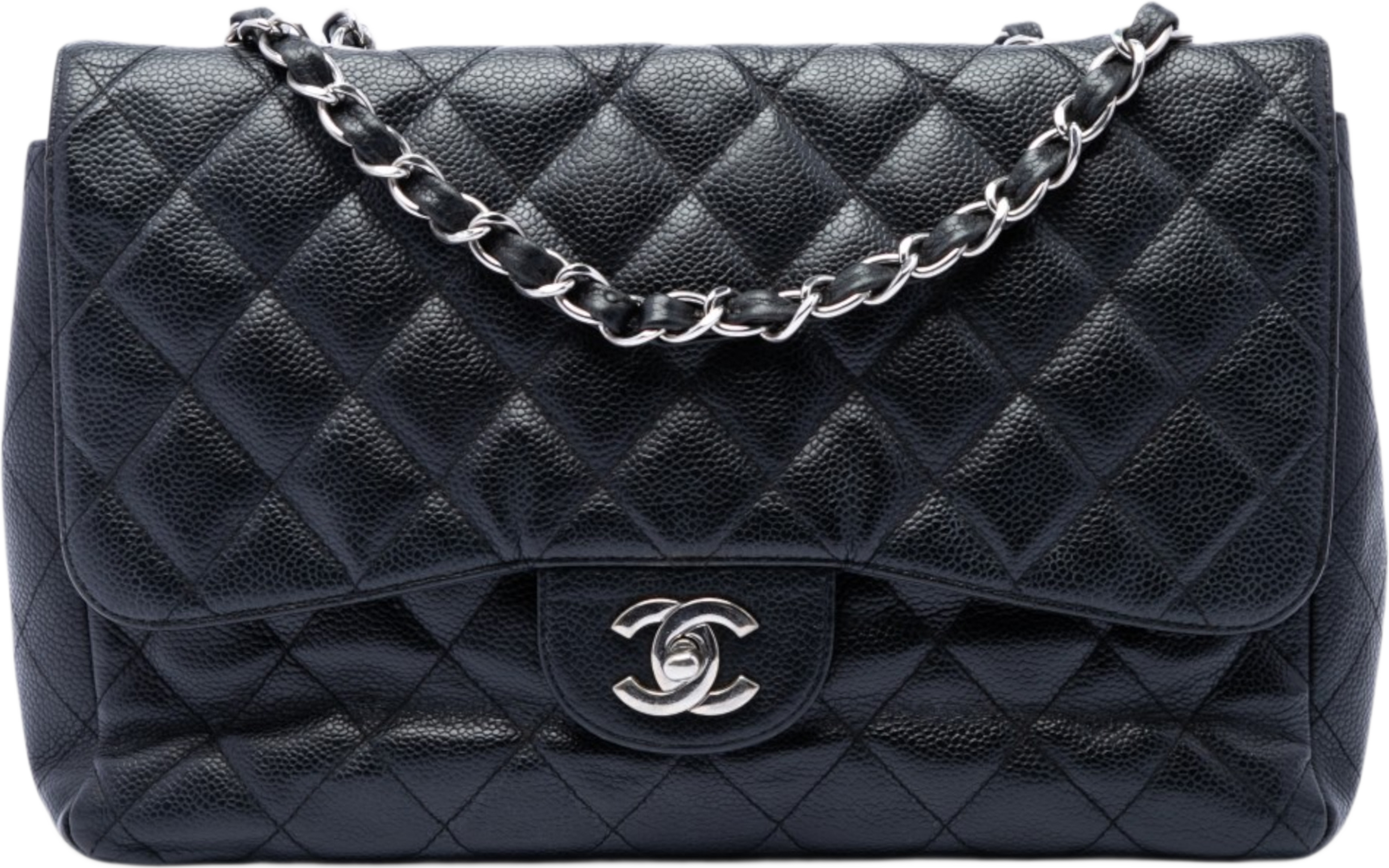 Chanel Jumbo Classic Caviar Single Flap, från Luxclusif, i färgen svart. Klicka för att öppna bilden i stort format