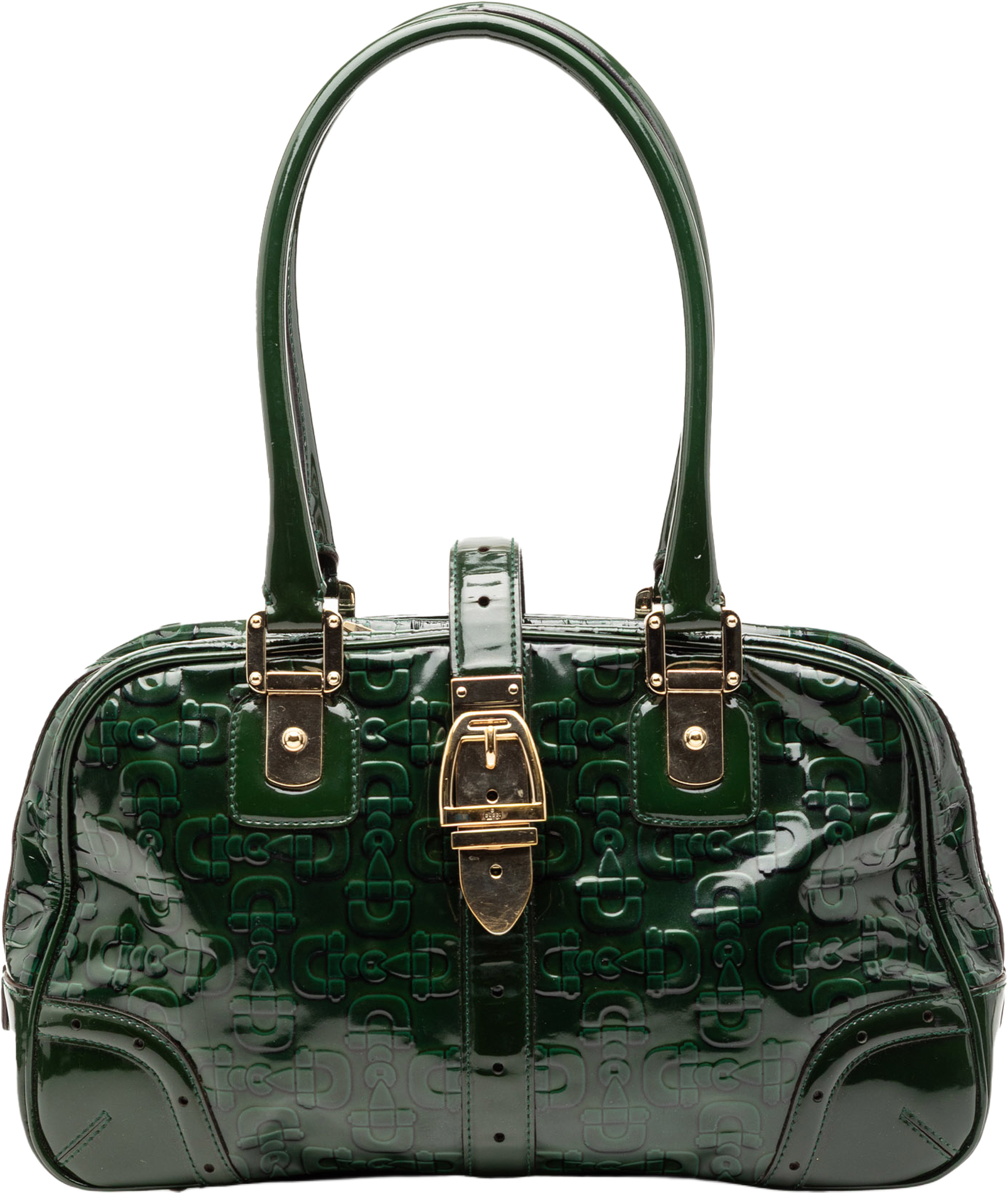 Gucci Patent Horsebit Glam Shoulder Bag, från Luxclusif, i färgen dark green. Klicka för att öppna bilden i stort format