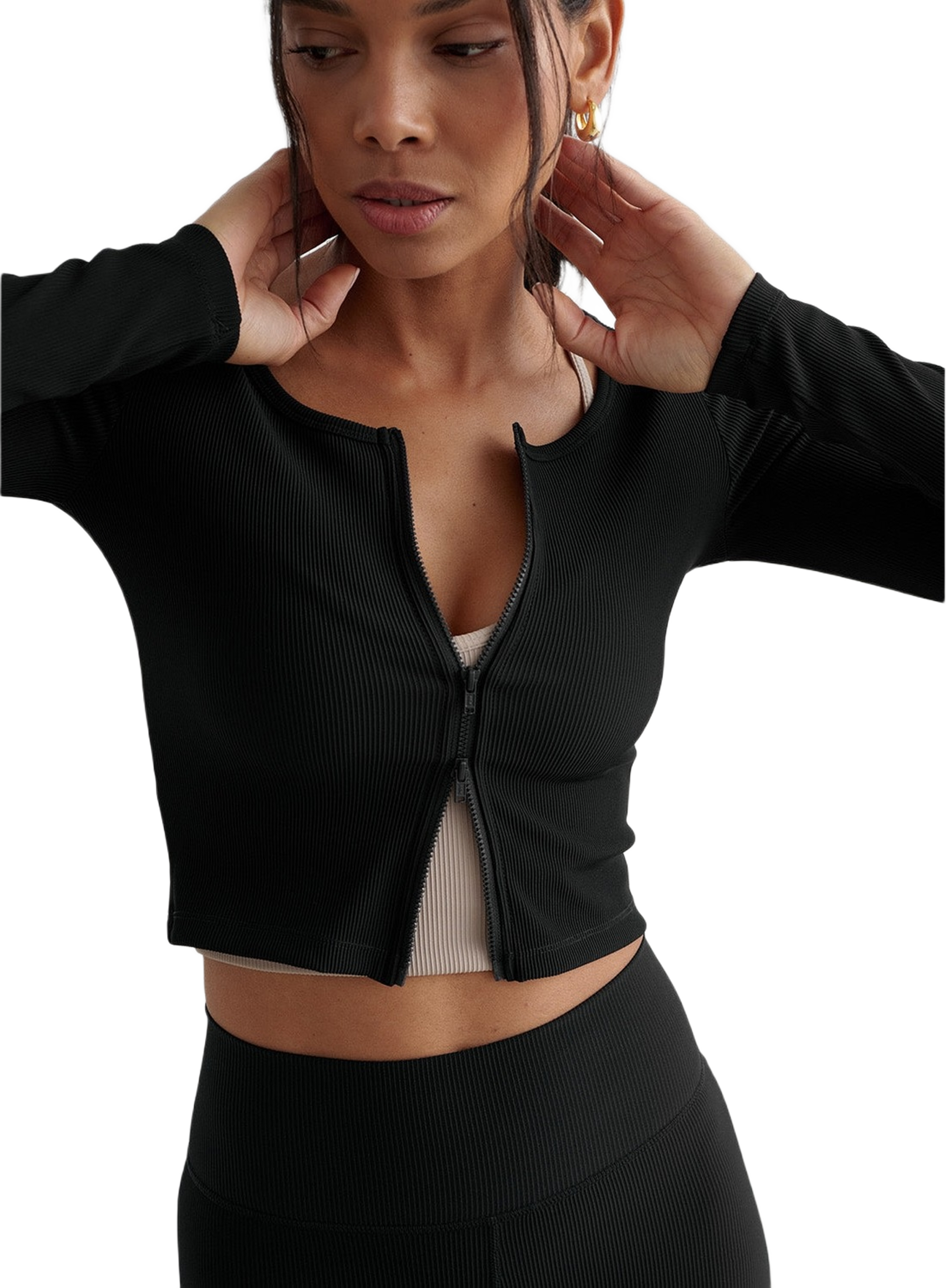 Black Ribbed Performance Zipped Cardigan