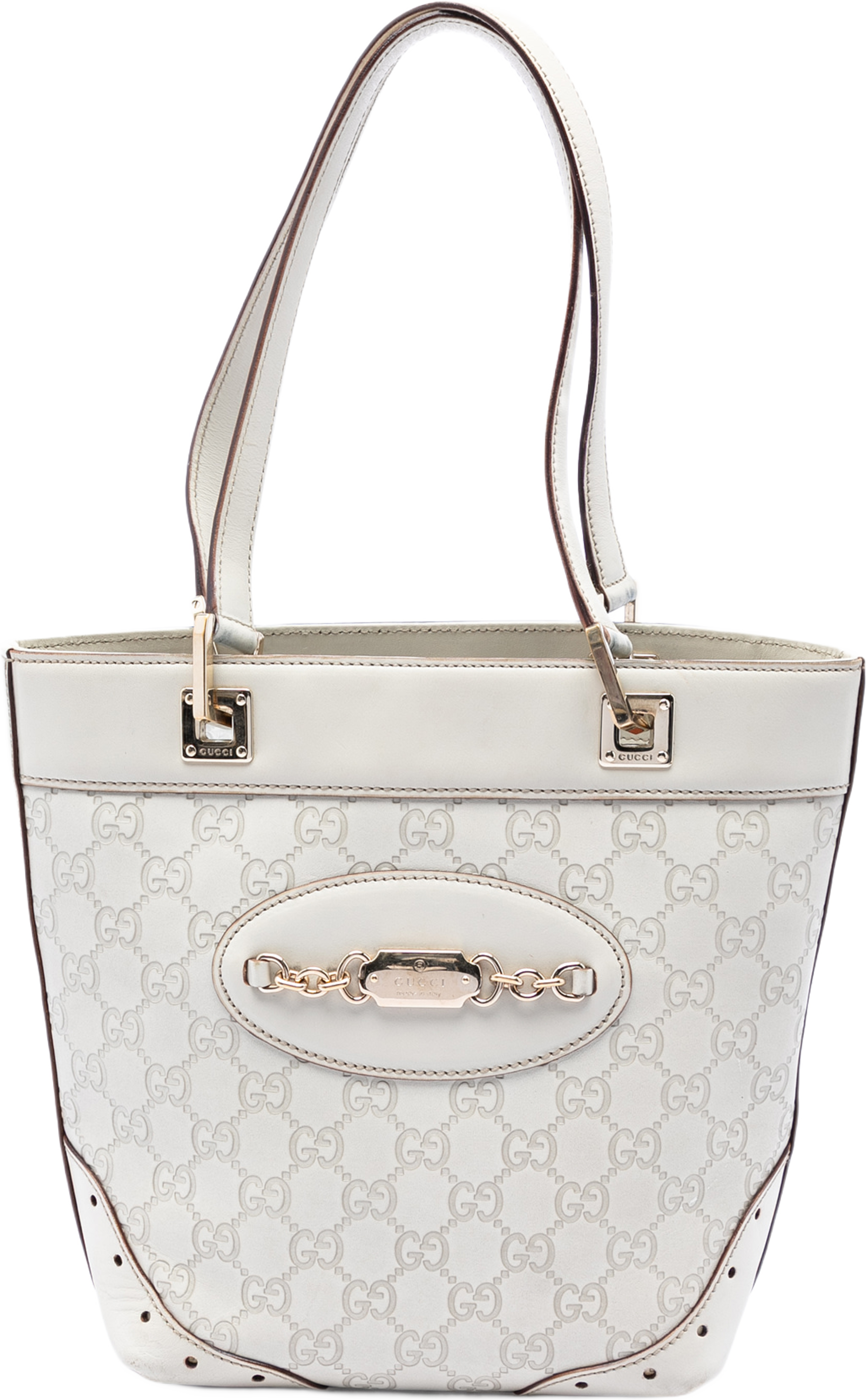 Gucci Mini Guccissima Punch Tote, från Luxclusif, i färgen white. Klicka för att öppna bilden i stort format