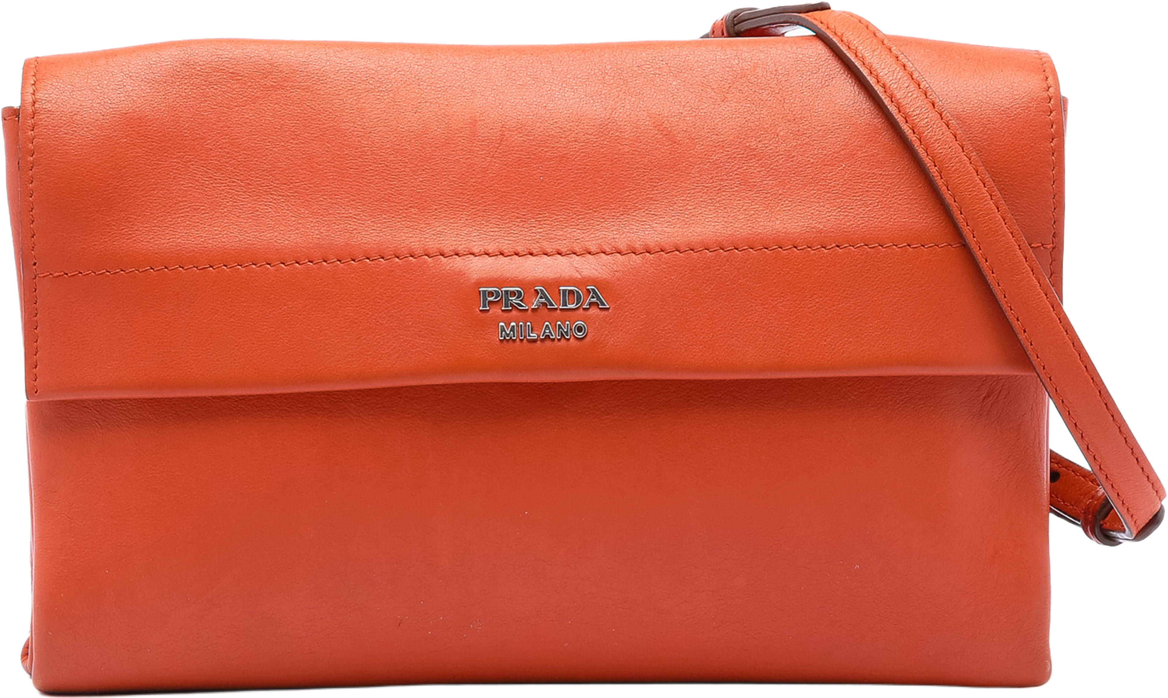 Prada Soft Calf Double Turnlock Crossbody, från Luxclusif, i färgen orange. Klicka för att öppna bilden i stort format