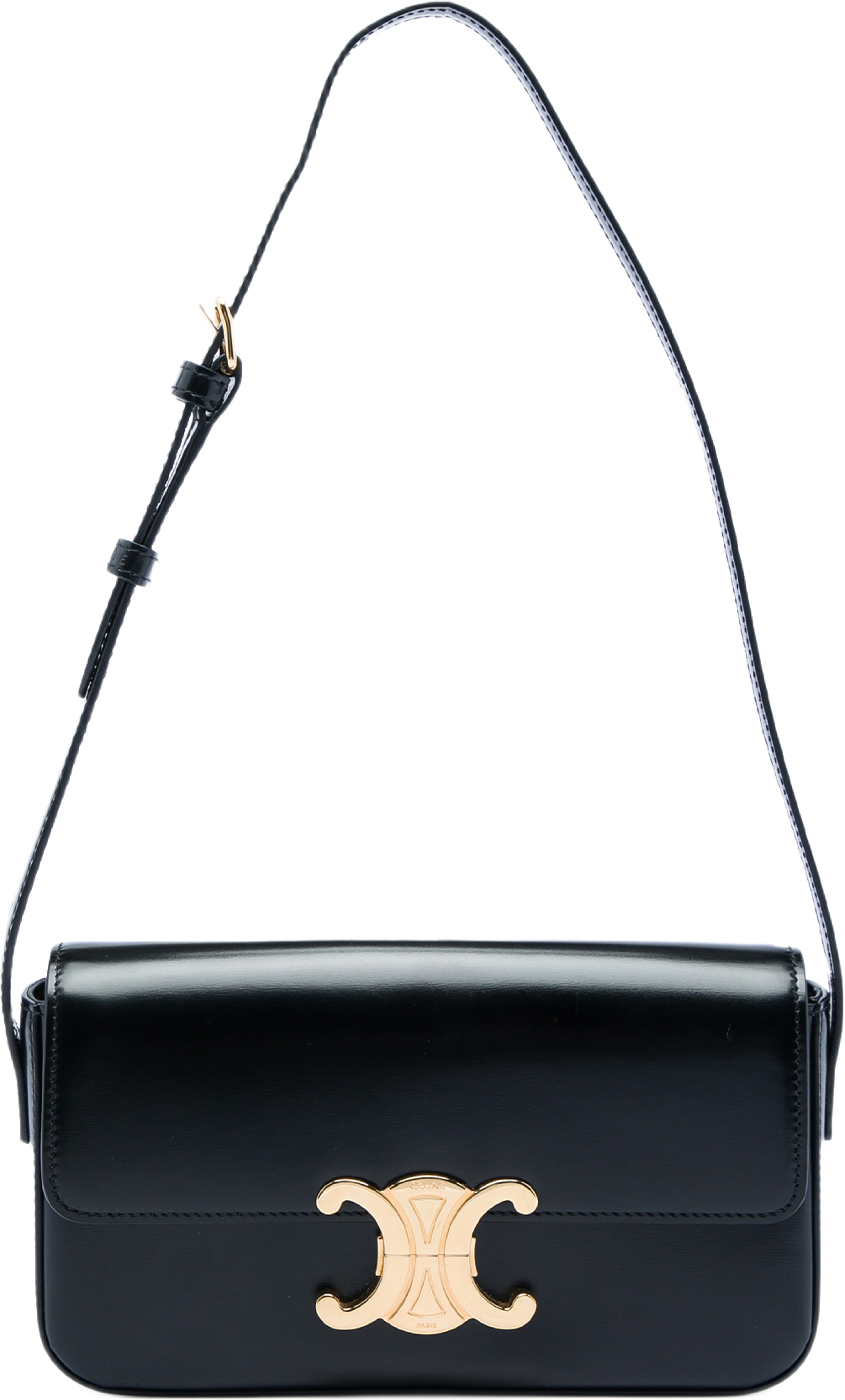 Celine Shiny Calfskin Triomphe Claude Shoulder Bag, från Luxclusif, i färgen svart. Klicka för att öppna bilden i stort format