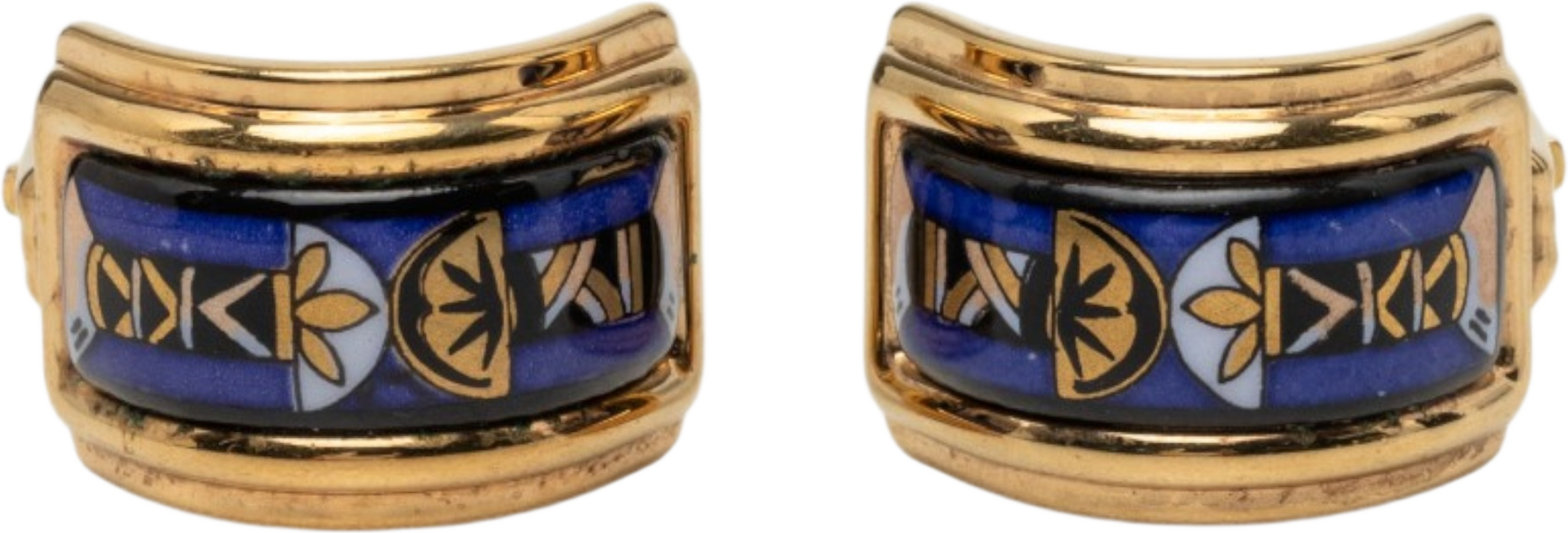 Hermès Gold Plated Enamel Cloisonne Clip On Earrings, från Luxclusif, i färgen blå. Klicka för att öppna bilden i stort format