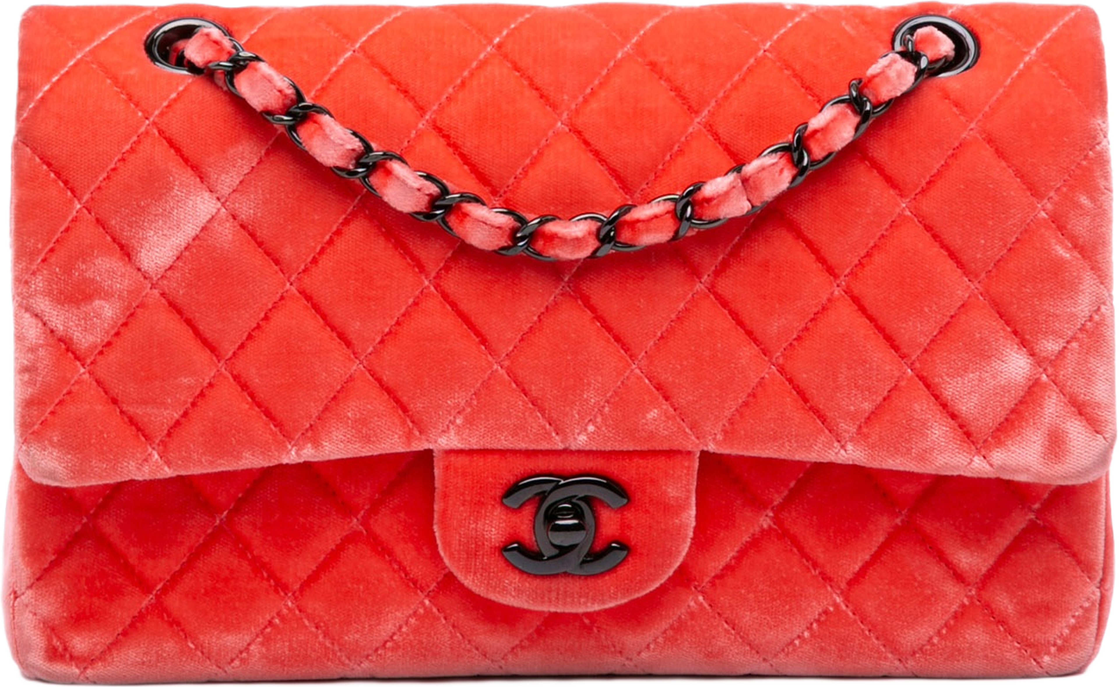 Chanel Medium Classic Velvet Double Flap, från Luxclusif, i färgen red. Klicka för att öppna bilden i stort format