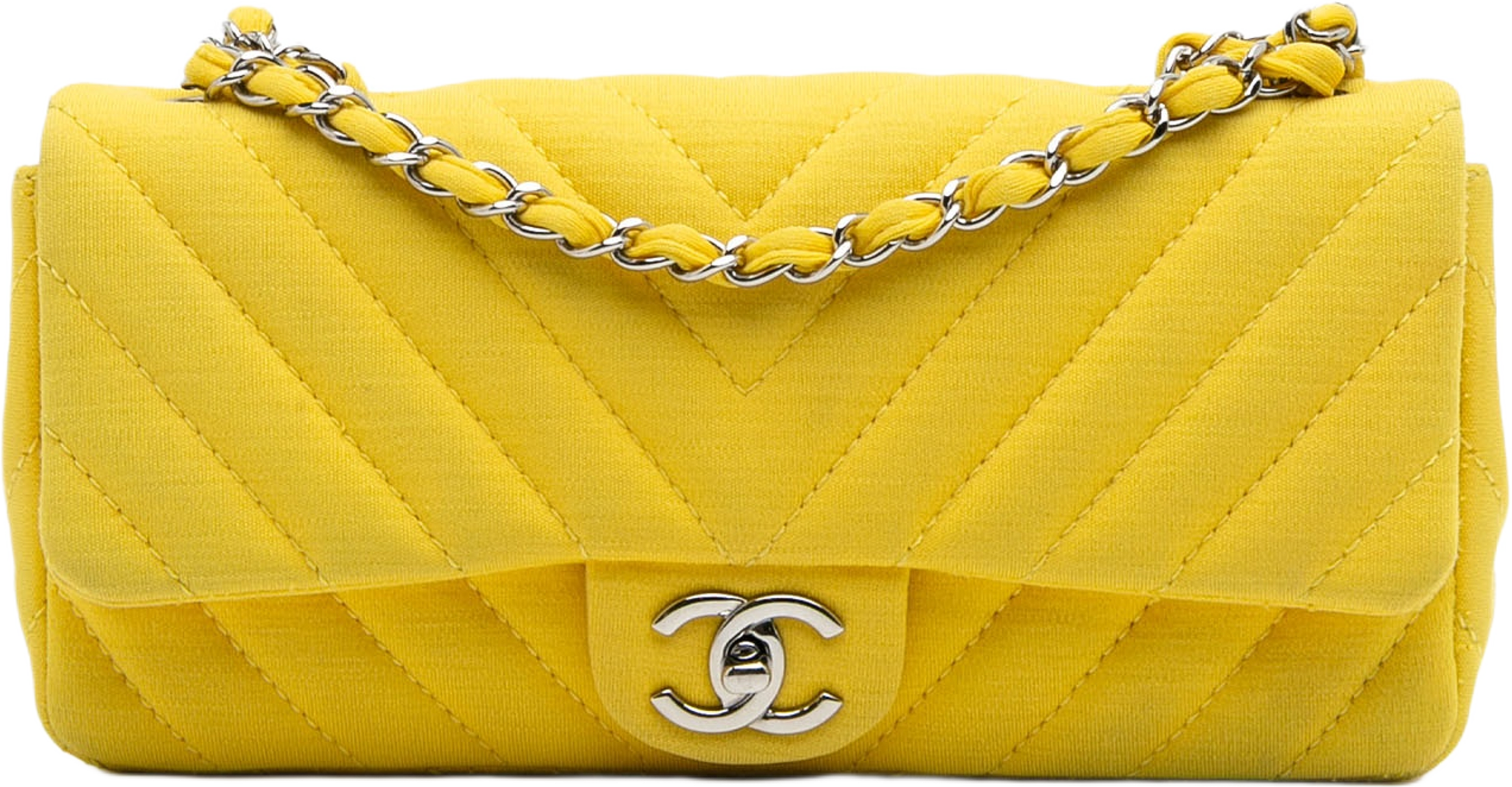 Chanel Chevron Jersey East West Flap, från Luxclusif, i färgen yellow. Klicka för att öppna bilden i stort format