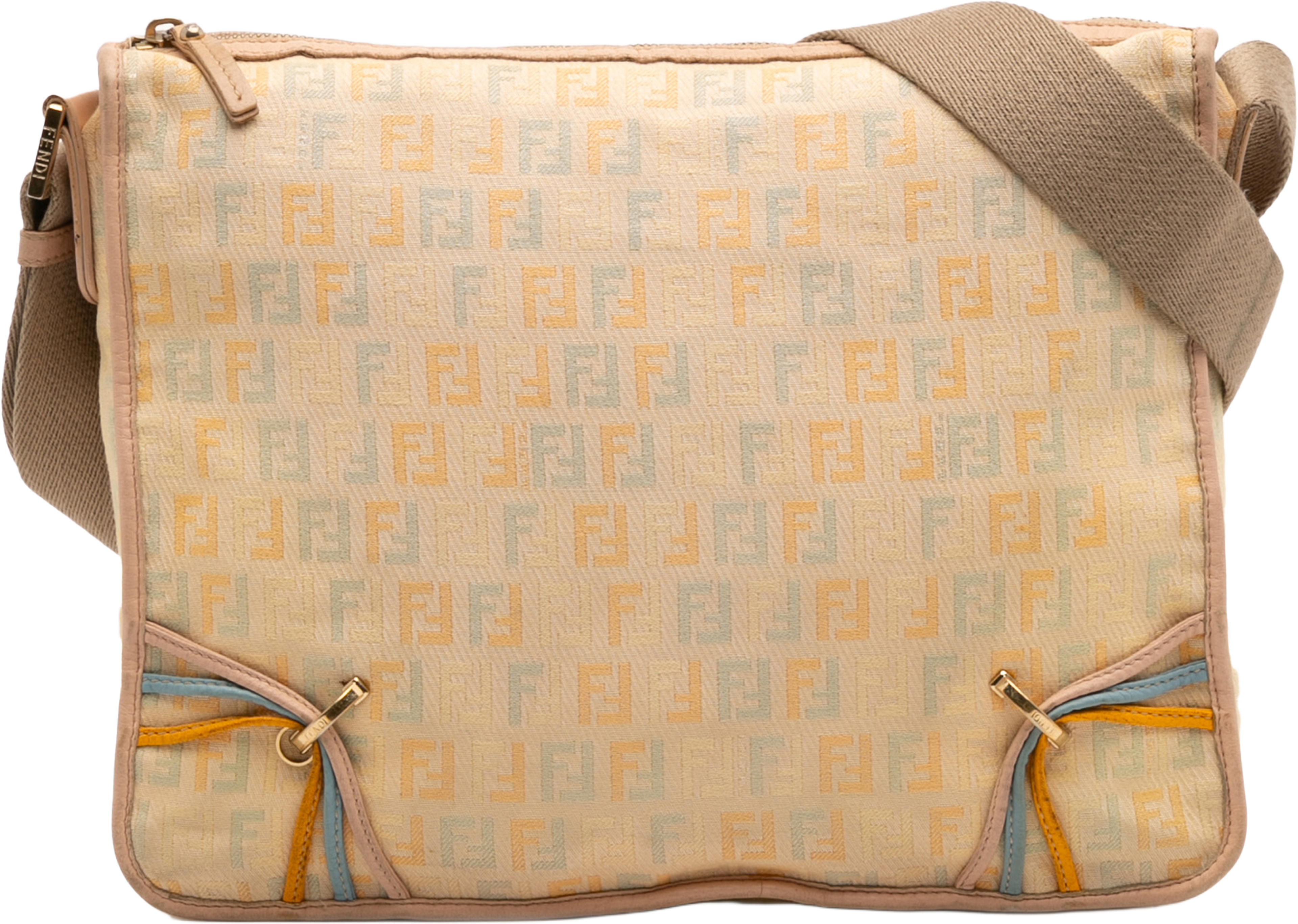 Fendi Zucchino Canvas F Charm Crossbody, från Luxclusif, i färgen beige. Klicka för att öppna bilden i stort format