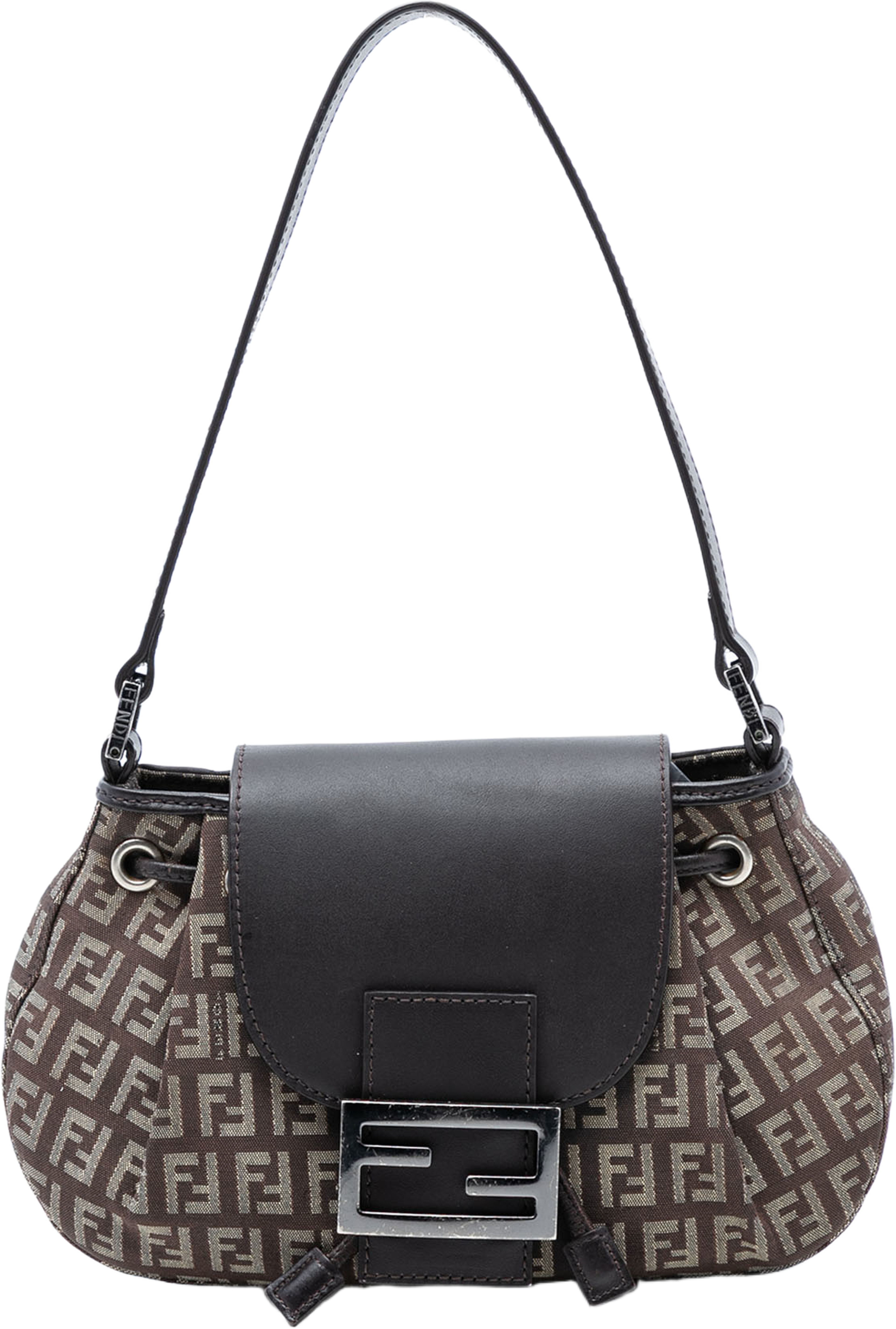 Fendi Zucchino Canvas Drawstring Shoulder Bag, från Luxclusif, i färgen dark brown. Klicka för att öppna bilden i stort format