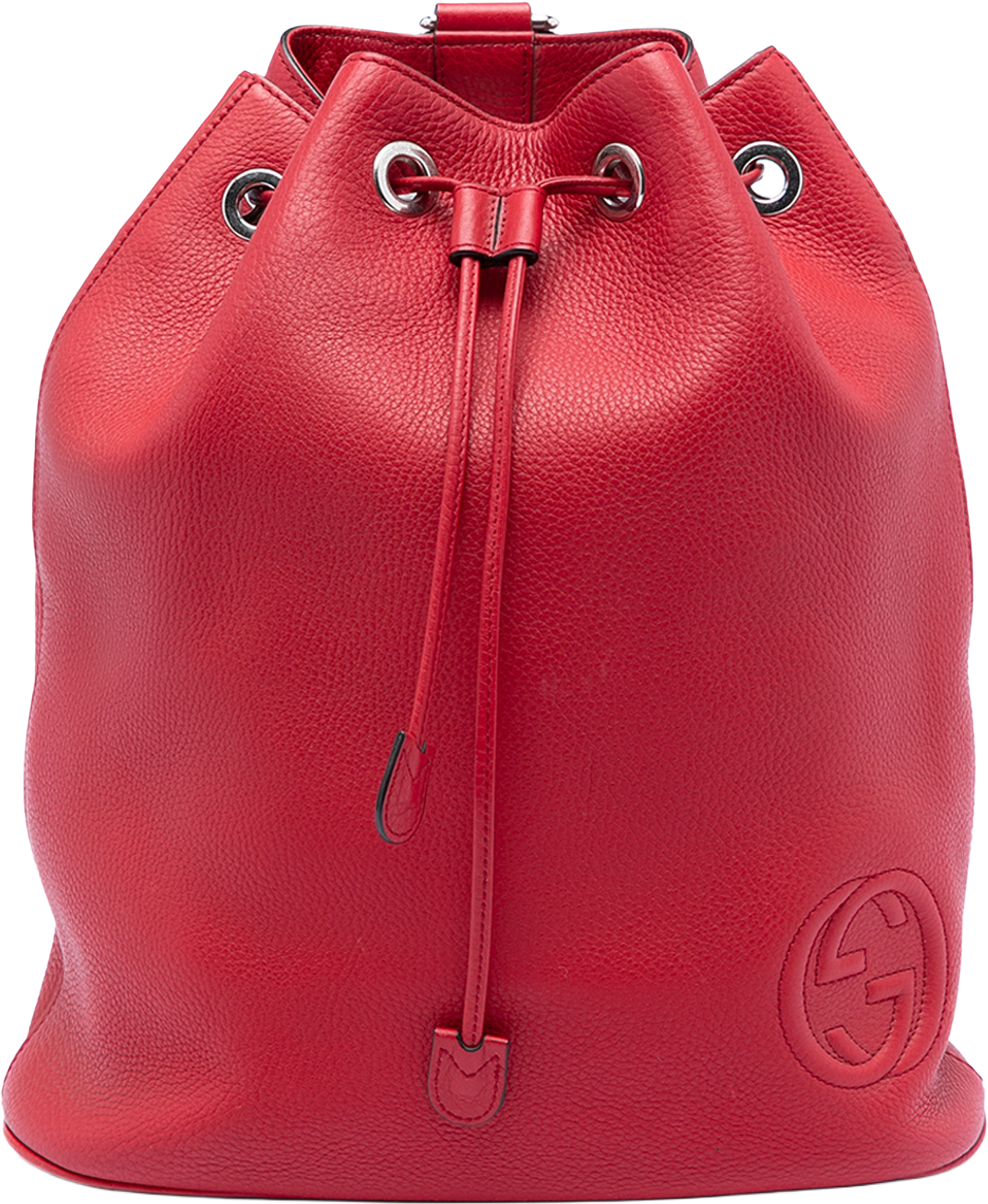 Gucci Small Pebbled Calfskin Soho Drawstring Backpack, från Luxclusif, i färgen red. Klicka för att öppna bilden i stort format