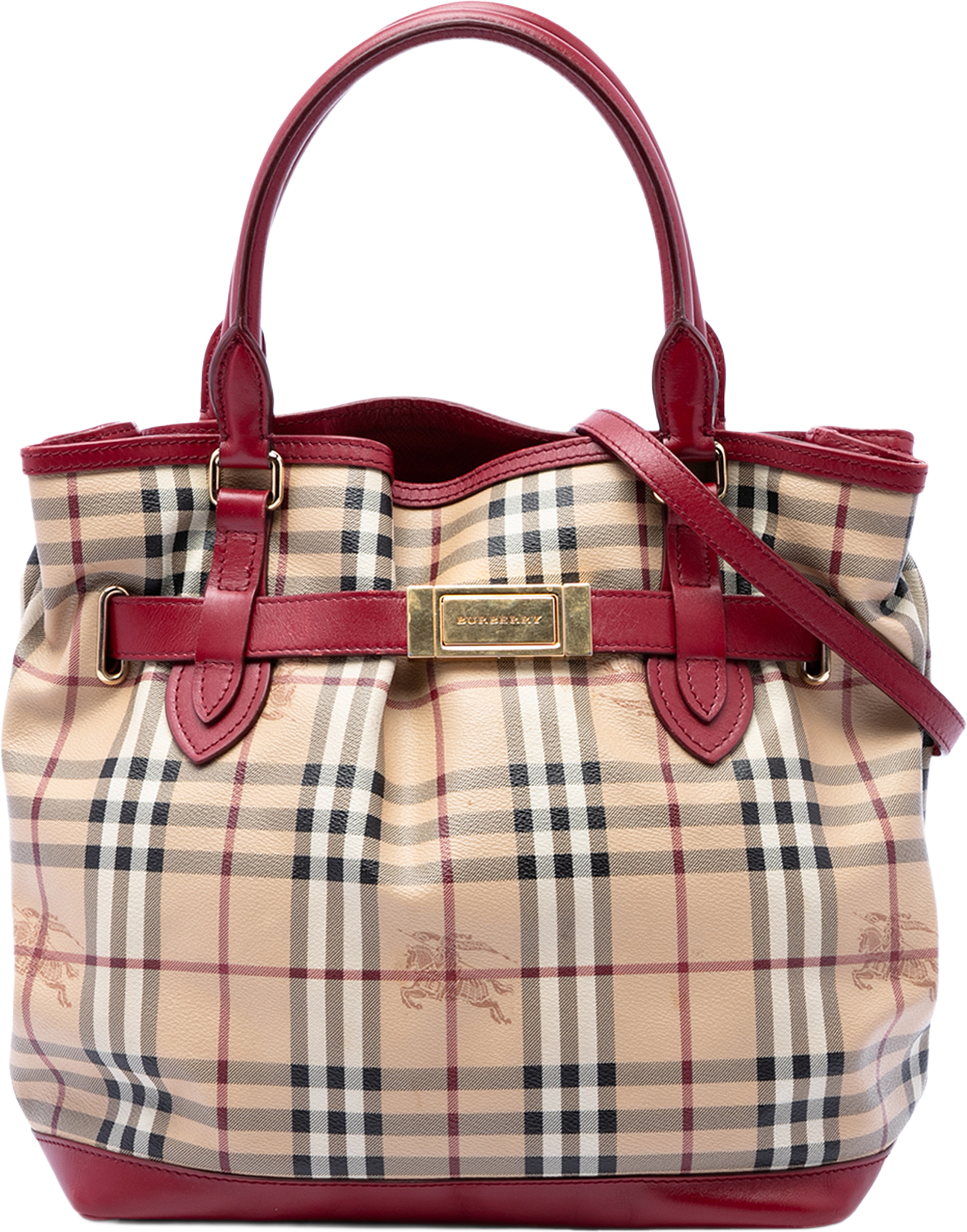 Burberry Haymarket Check Coated Canvas Golderton Satchel, från Luxclusif, i färgen beige. Klicka för att öppna bilden i stort format