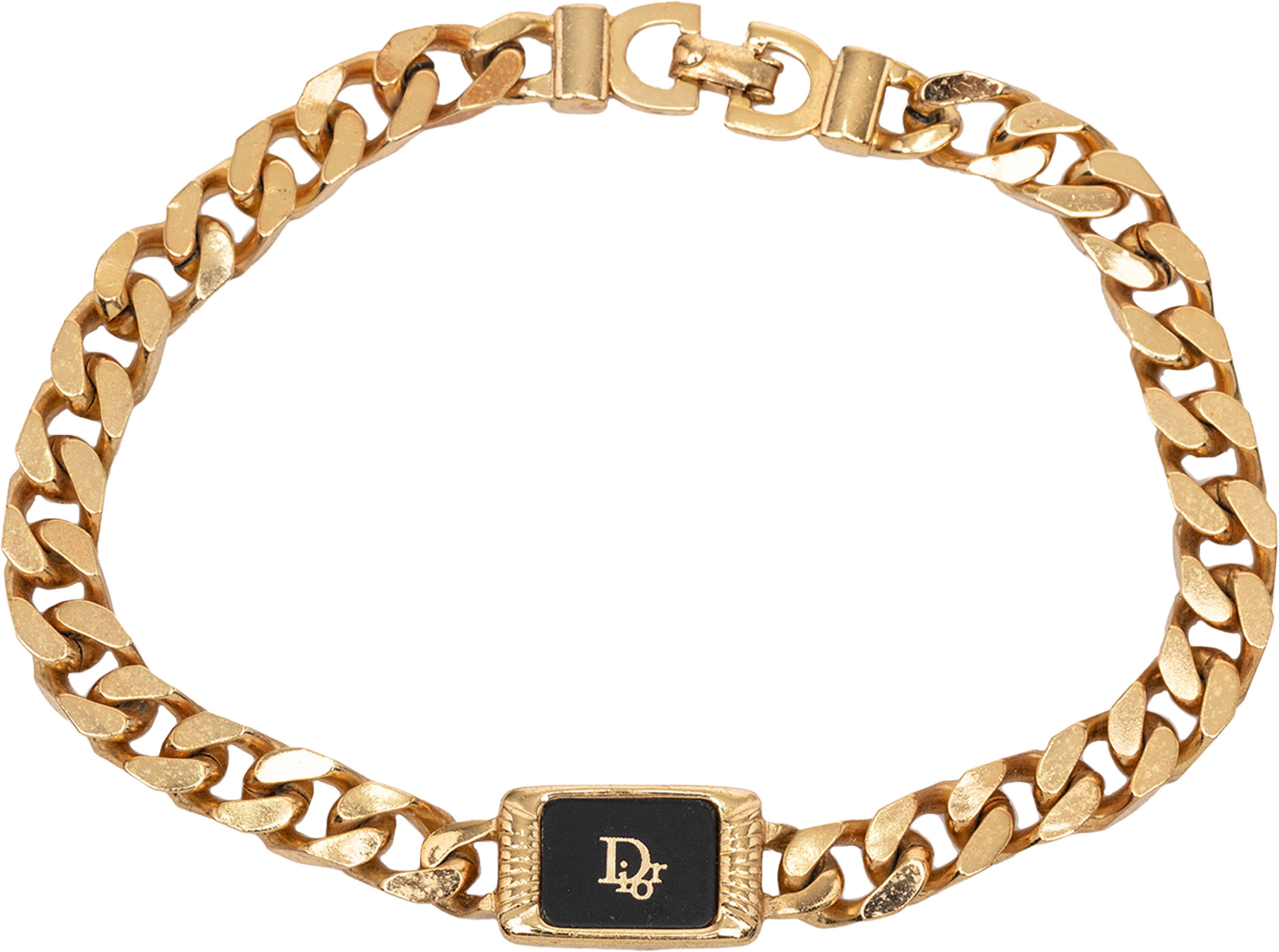 Dior Gold Plated Enamel Logo Plaque Chain Bracelet, från Luxclusif, i färgen gold. Klicka för att öppna bilden i stort format