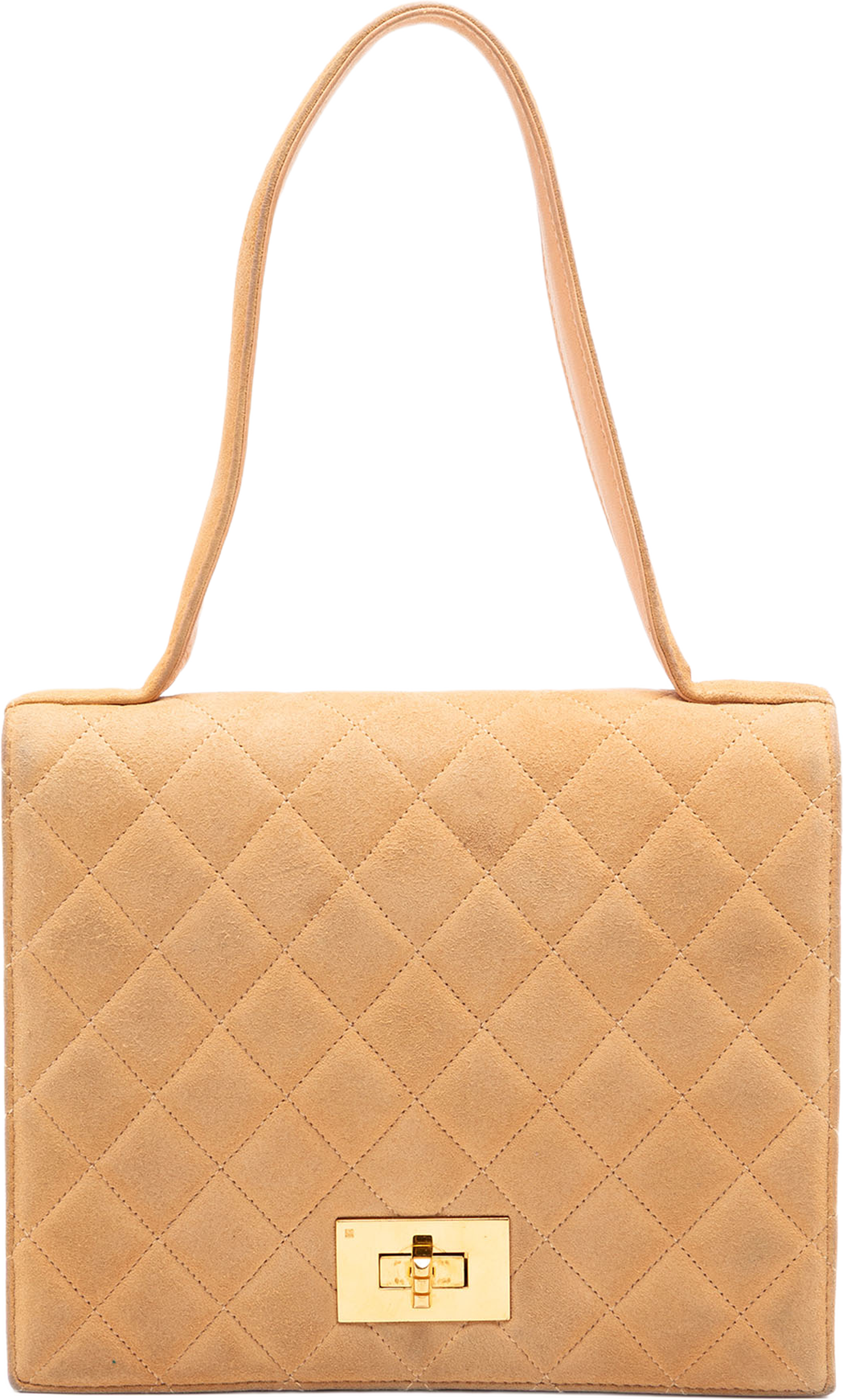 Chanel Quilted Suede Rita Flap, från Luxclusif, i färgen beige. Klicka för att öppna bilden i stort format