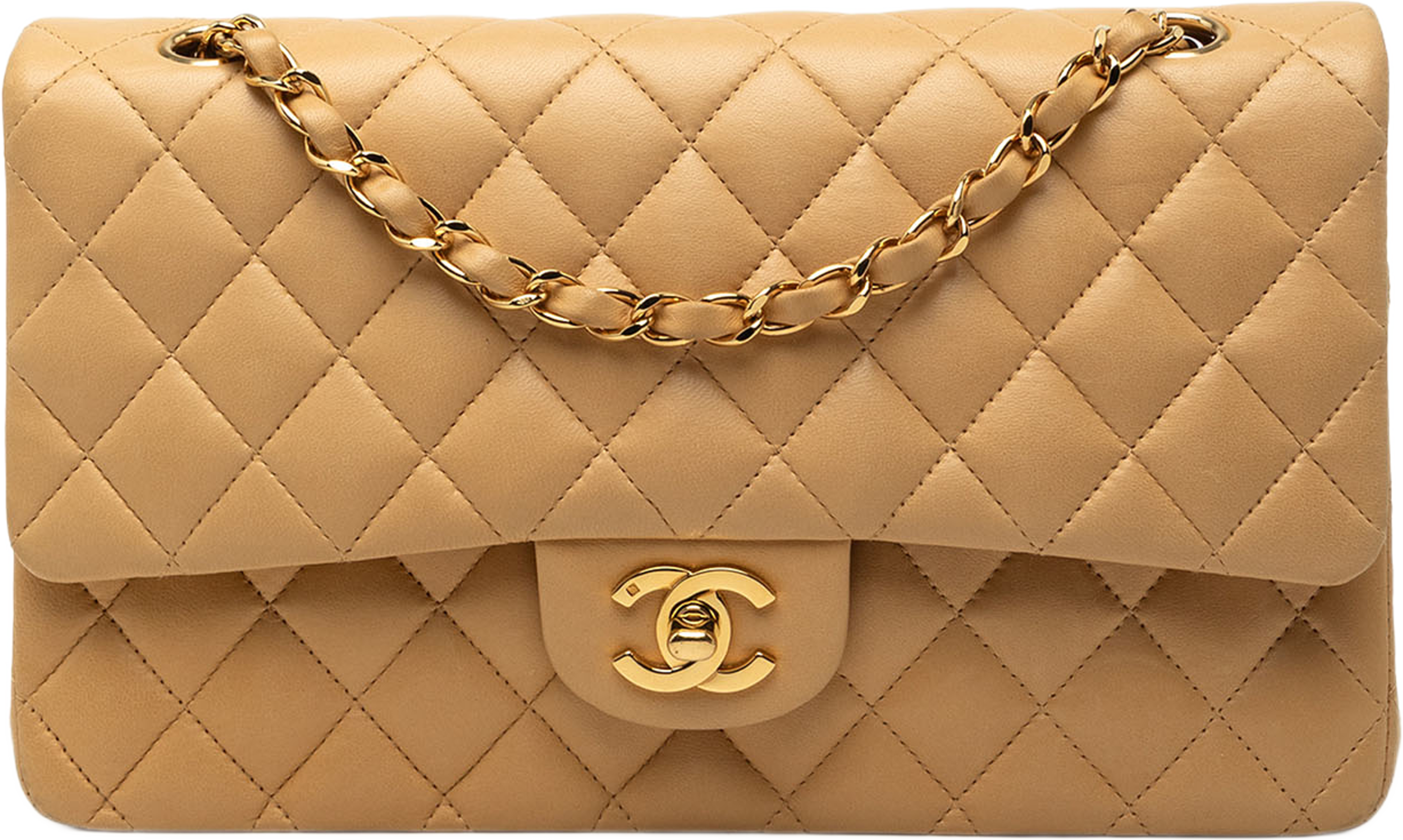 Chanel Medium Classic Lambskin Double Flap, från Luxclusif, i färgen beige. Klicka för att öppna bilden i stort format