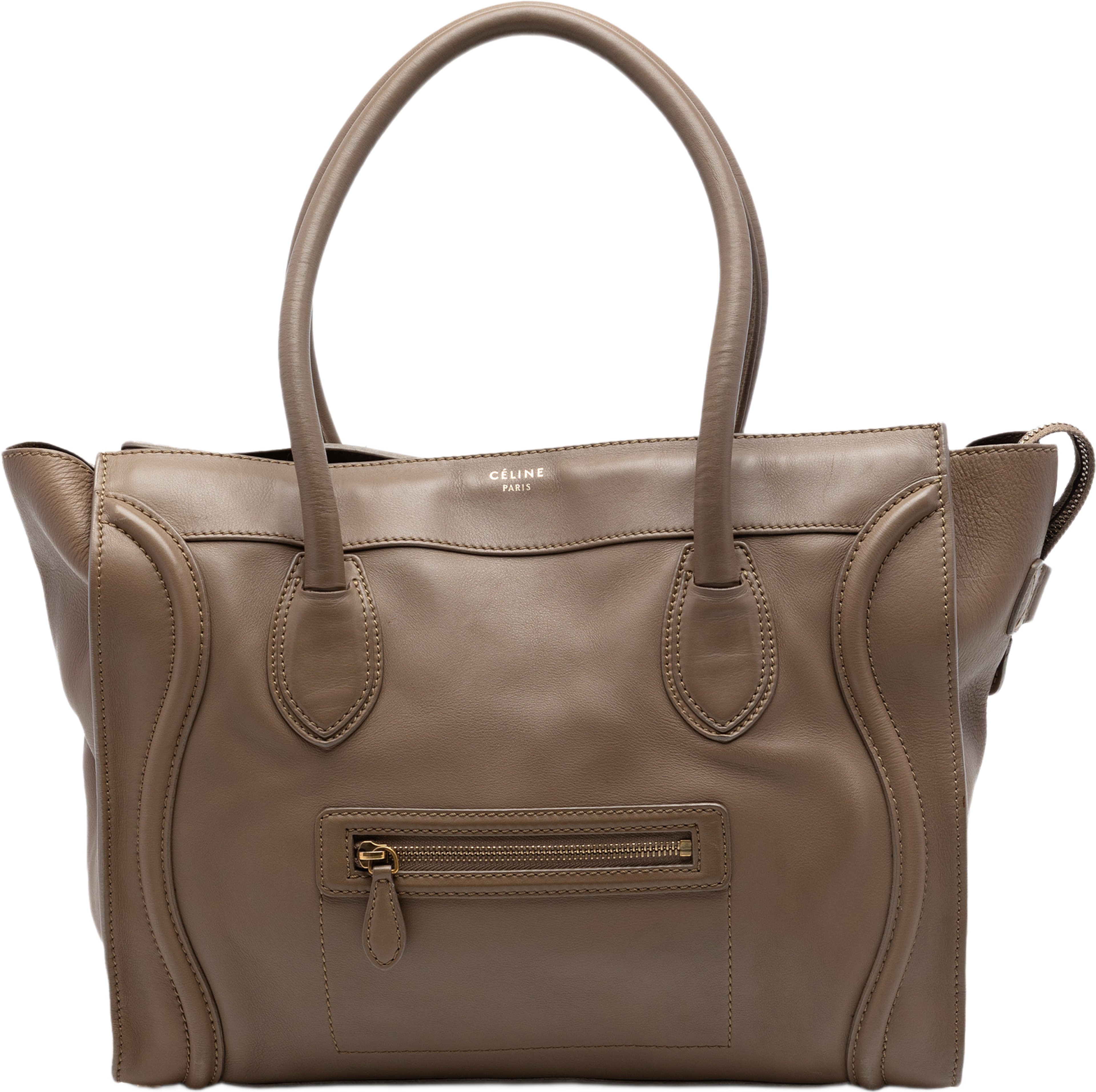 Celine Leather Luggage Tote, från Luxclusif, i färgen taupe. Klicka för att öppna bilden i stort format