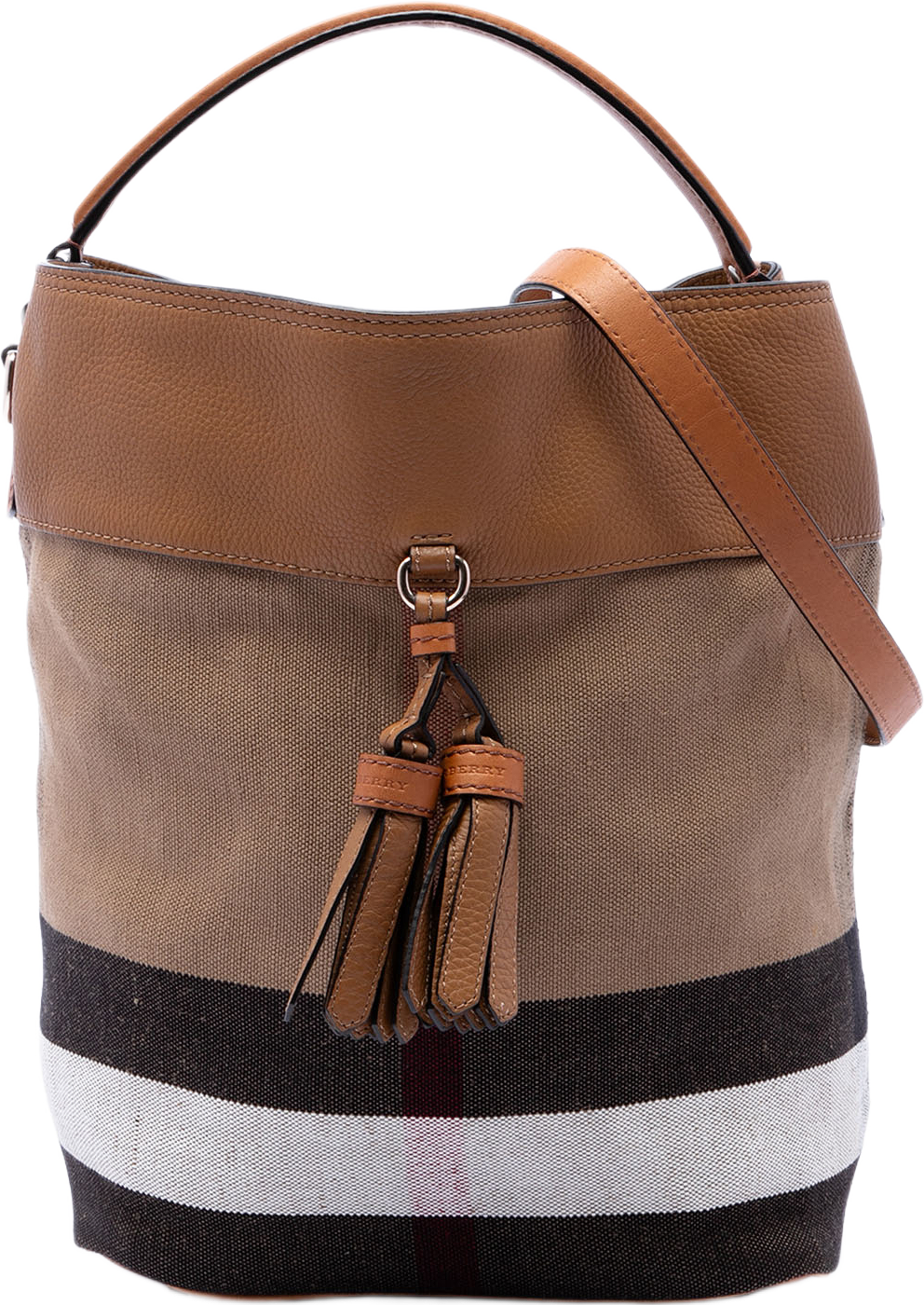 Burberry Medium Mega Check Canvas And Grained Calfskin Ashby Tassel Bucket Bag, från Luxclusif, i färgen brun. Klicka för att öppna bilden i stort format