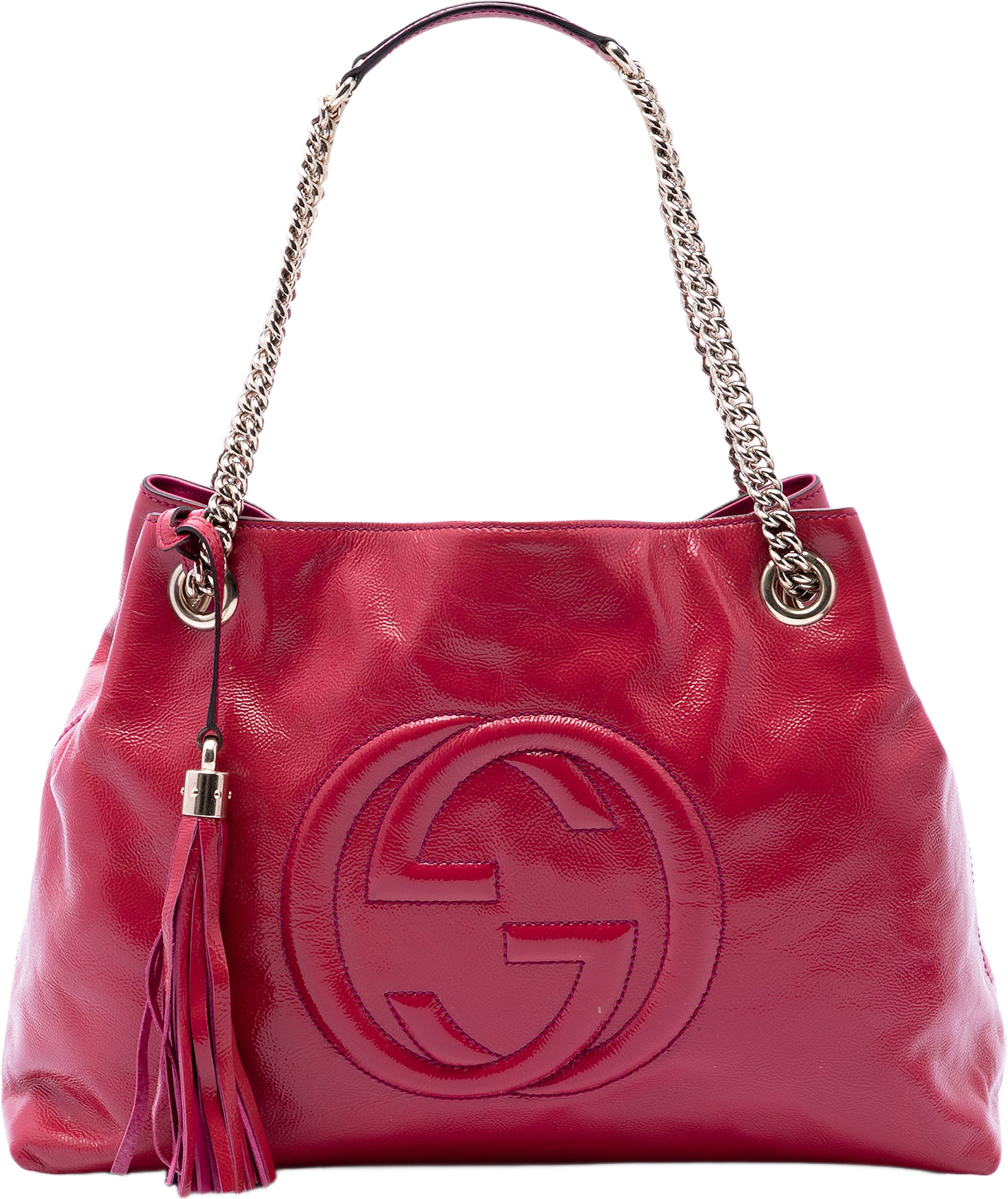 Gucci Medium Patent Soho Chain Tote, från Luxclusif, i färgen rosa. Klicka för att öppna bilden i stort format