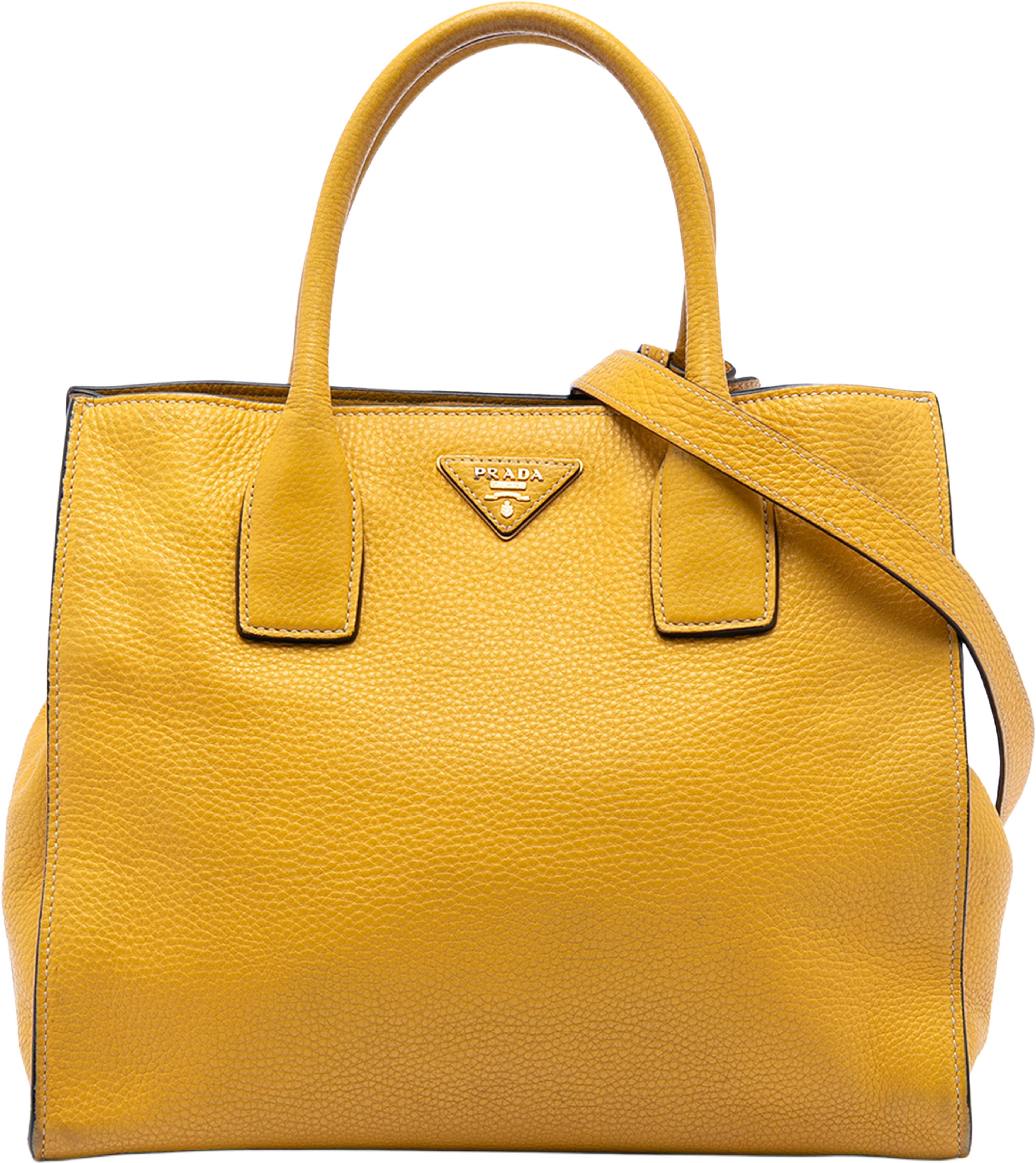 Prada Vitello Daino Open Convertible Tote, från Luxclusif, i färgen mustard. Klicka för att öppna bilden i stort format