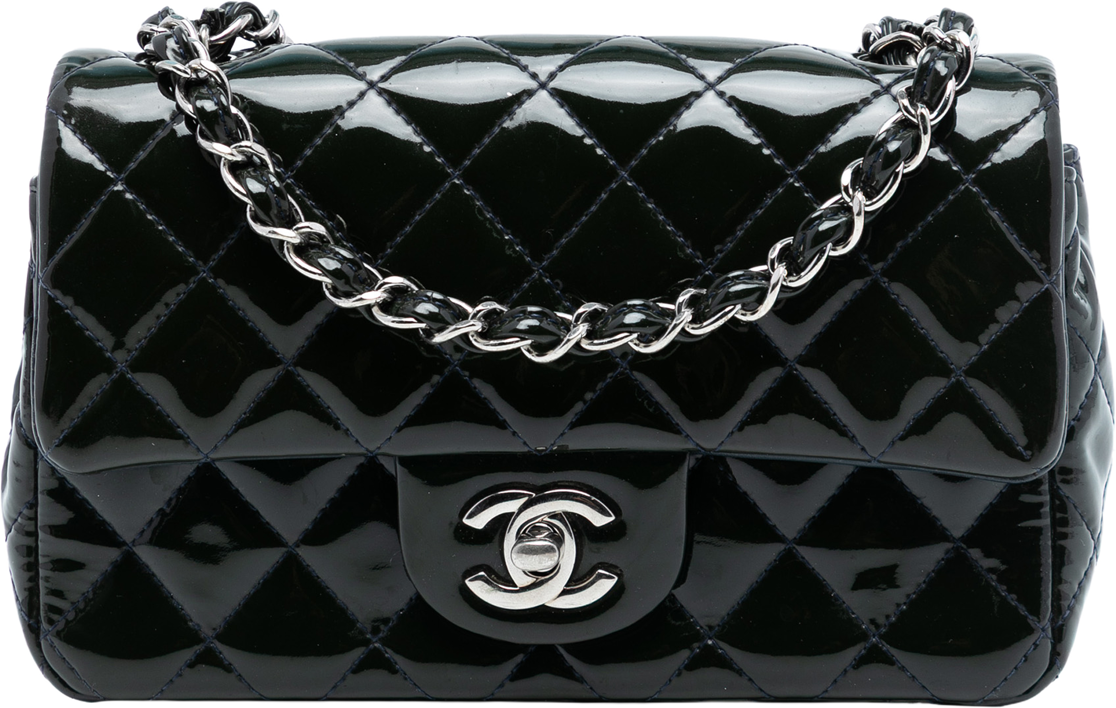 Chanel Mini Rectangular Classic Patent Single Flap, från Luxclusif, i färgen black. Klicka för att öppna bilden i stort format