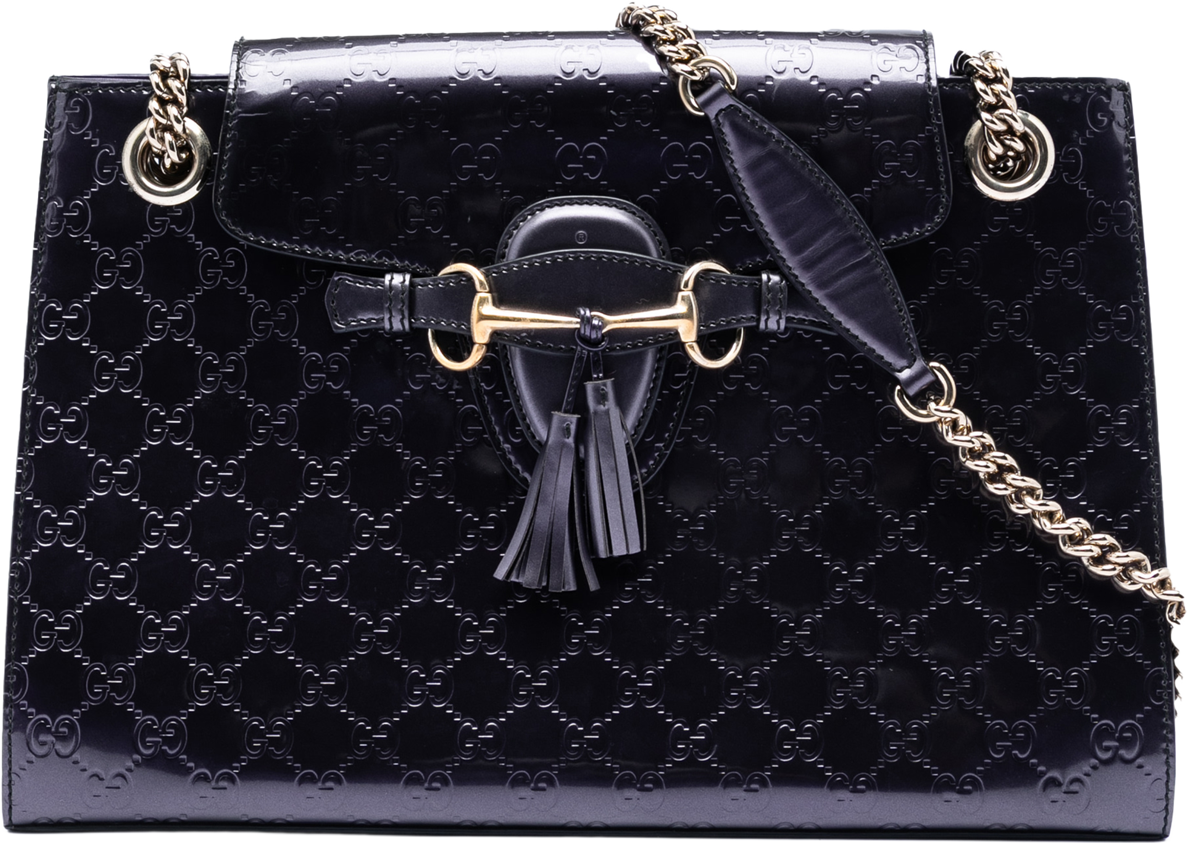 Gucci Large Patent Guccissima Emily Shoulder Bag, från Luxclusif, i färgen violet. Klicka för att öppna bilden i stort format