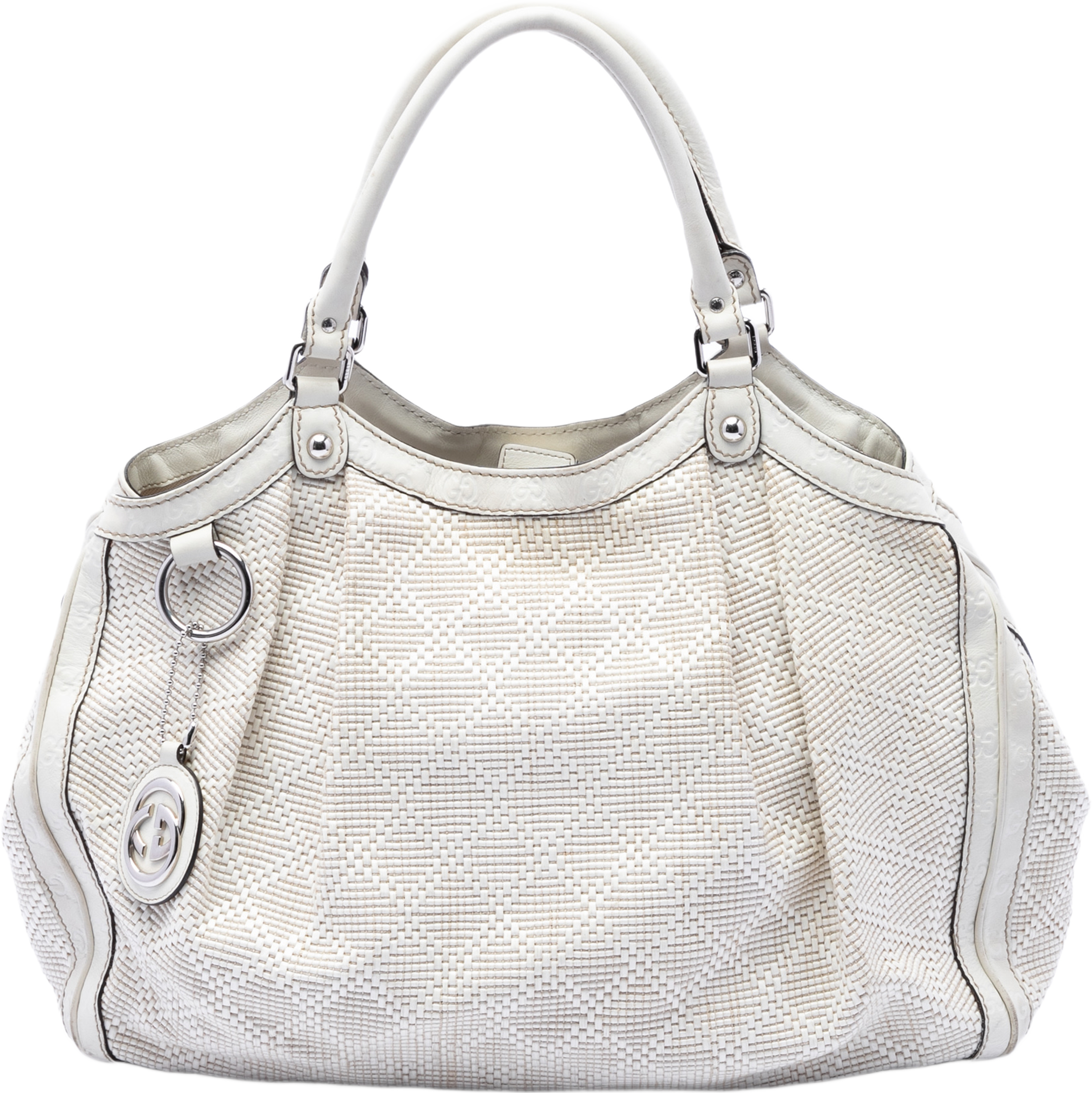 Gucci Large Diamante Raffia Sukey Tote, från Luxclusif, i färgen vit. Klicka för att öppna bilden i stort format