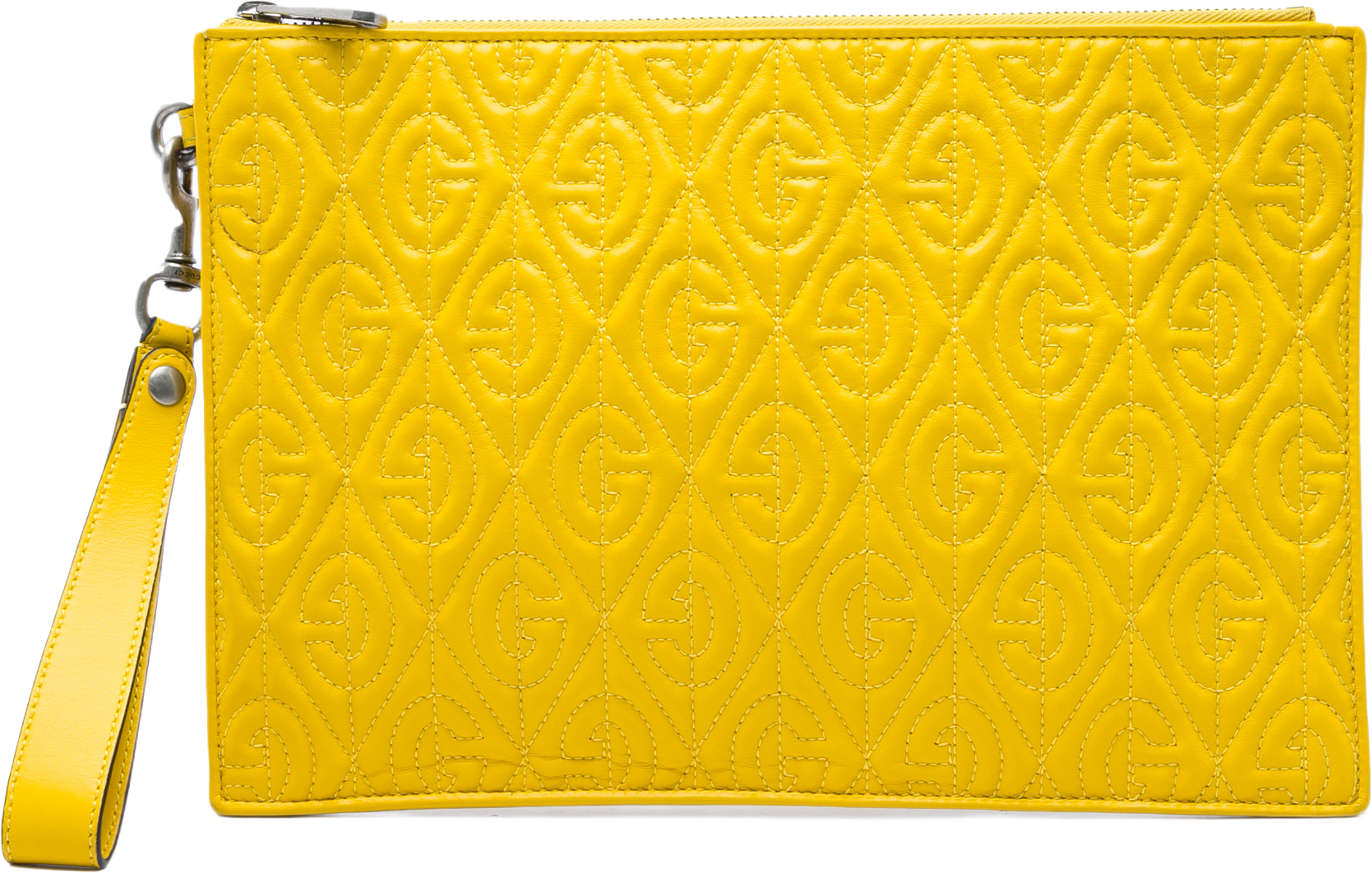 Gucci Quilted Calfskin G Rhombus Zip Clutch, från Luxclusif, i färgen gul. Klicka för att öppna bilden i stort format