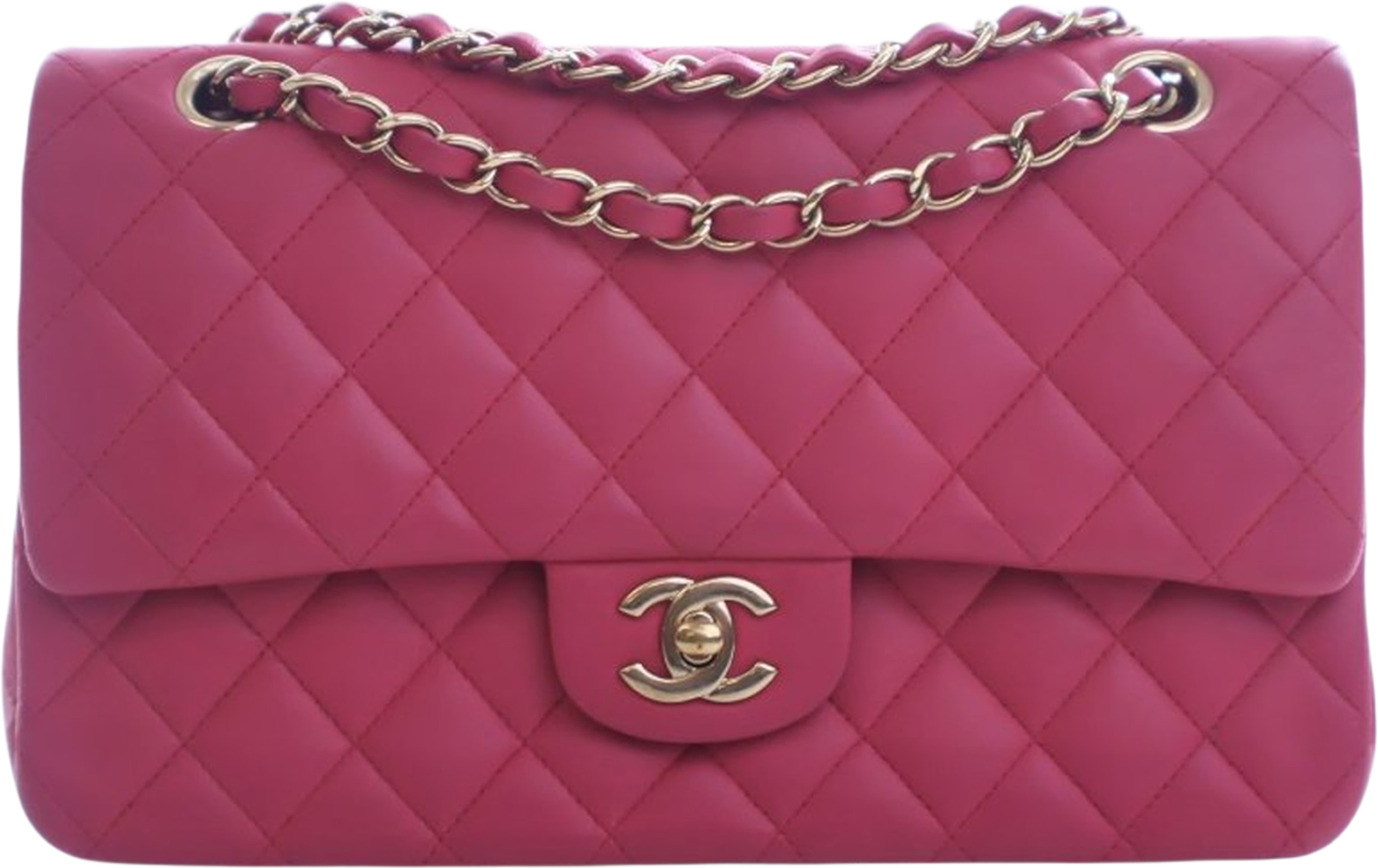 Chanel Medium Classic Lambskin Double Flap, från Luxclusif, i färgen hot pink. Klicka för att öppna bilden i stort format