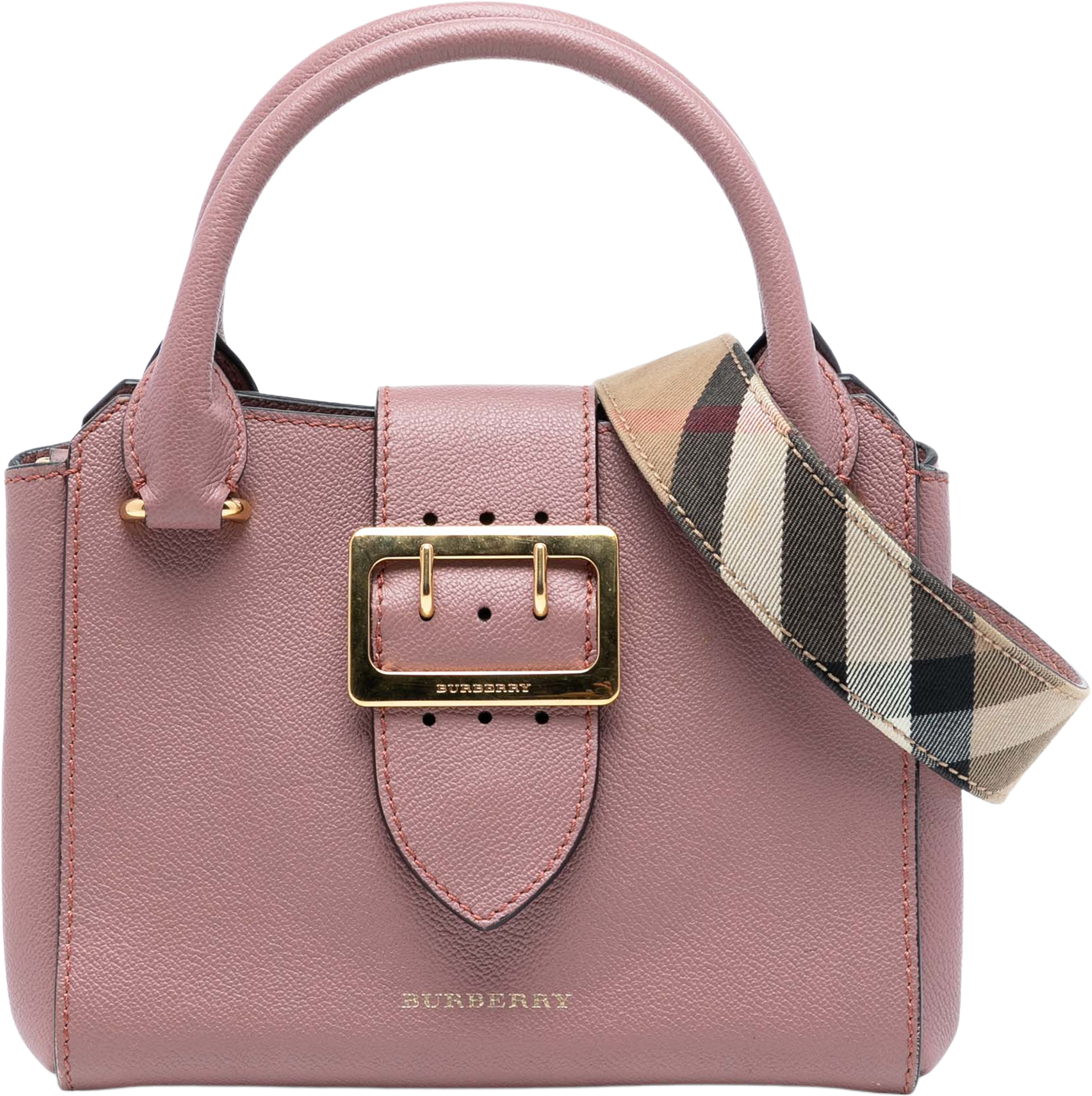 Burberry Small Grained Leather Buckle Tote, från Luxclusif, i färgen pink. Klicka för att öppna bilden i stort format