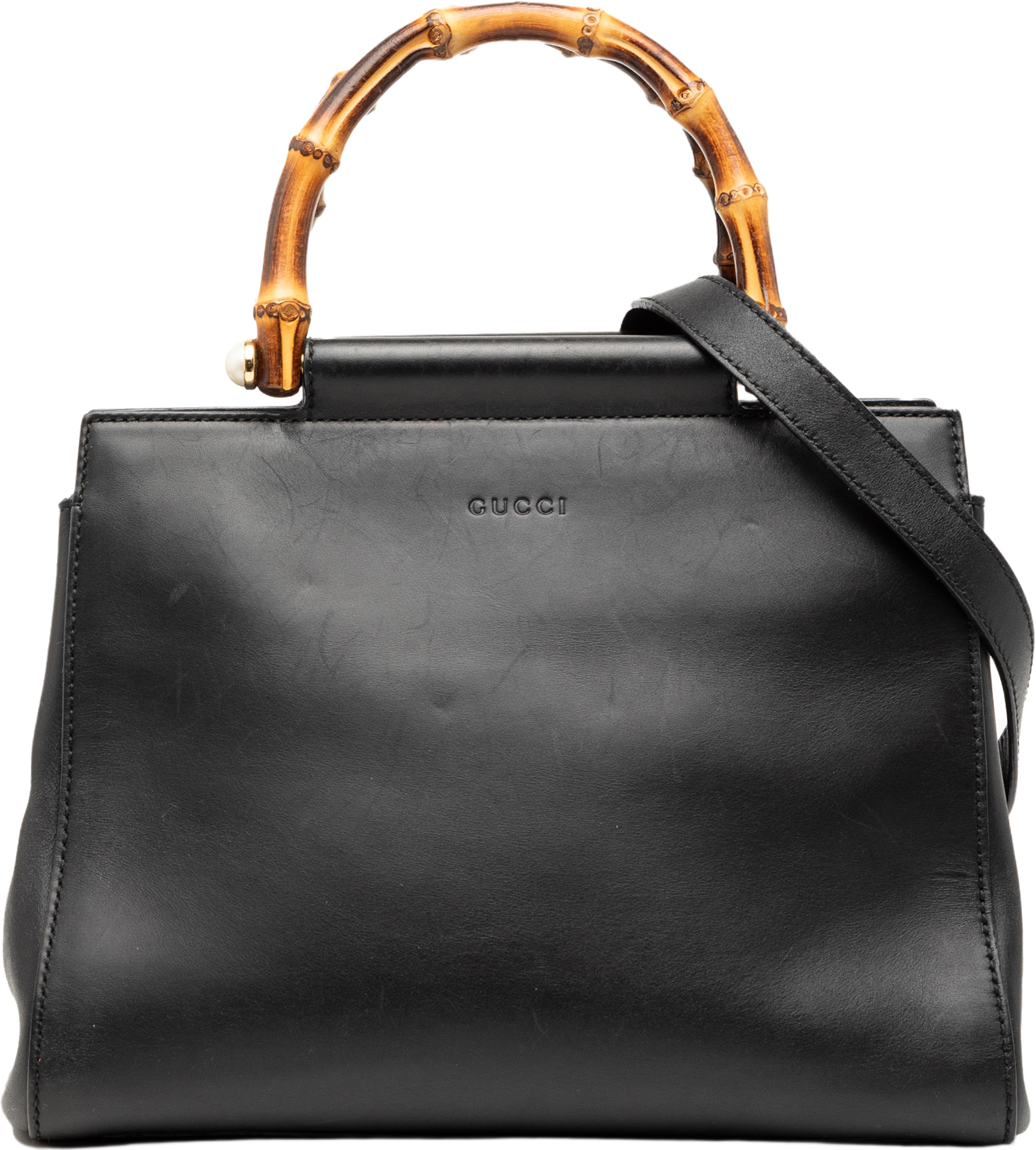 Gucci Small Leather Bamboo Nymphaea Satchel, från Luxclusif, i färgen black. Klicka för att öppna bilden i stort format