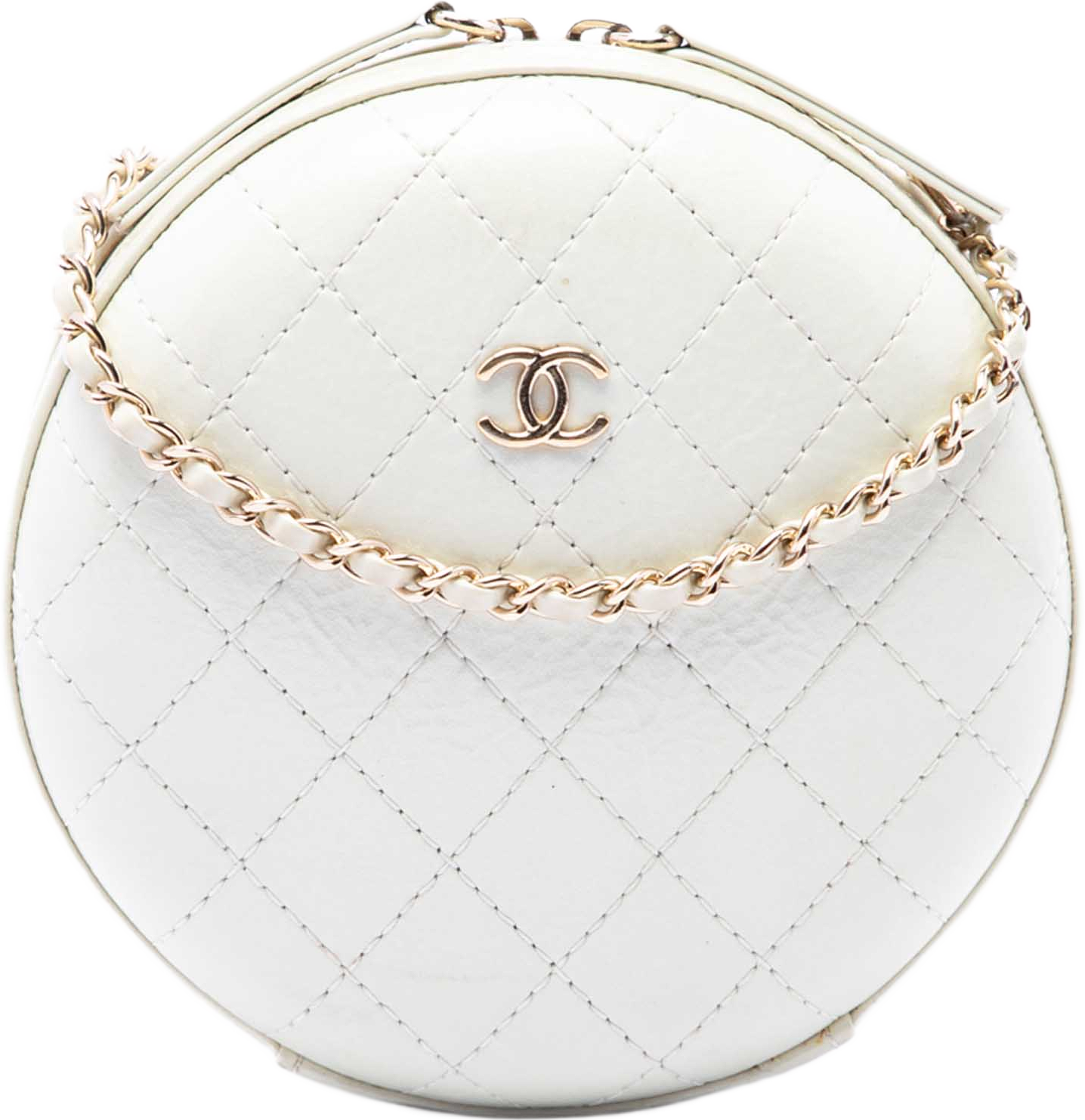 Chanel Cc Quilted Lambskin Round Clutch With Chain, från Luxclusif, i färgen vit. Klicka för att öppna bilden i stort format