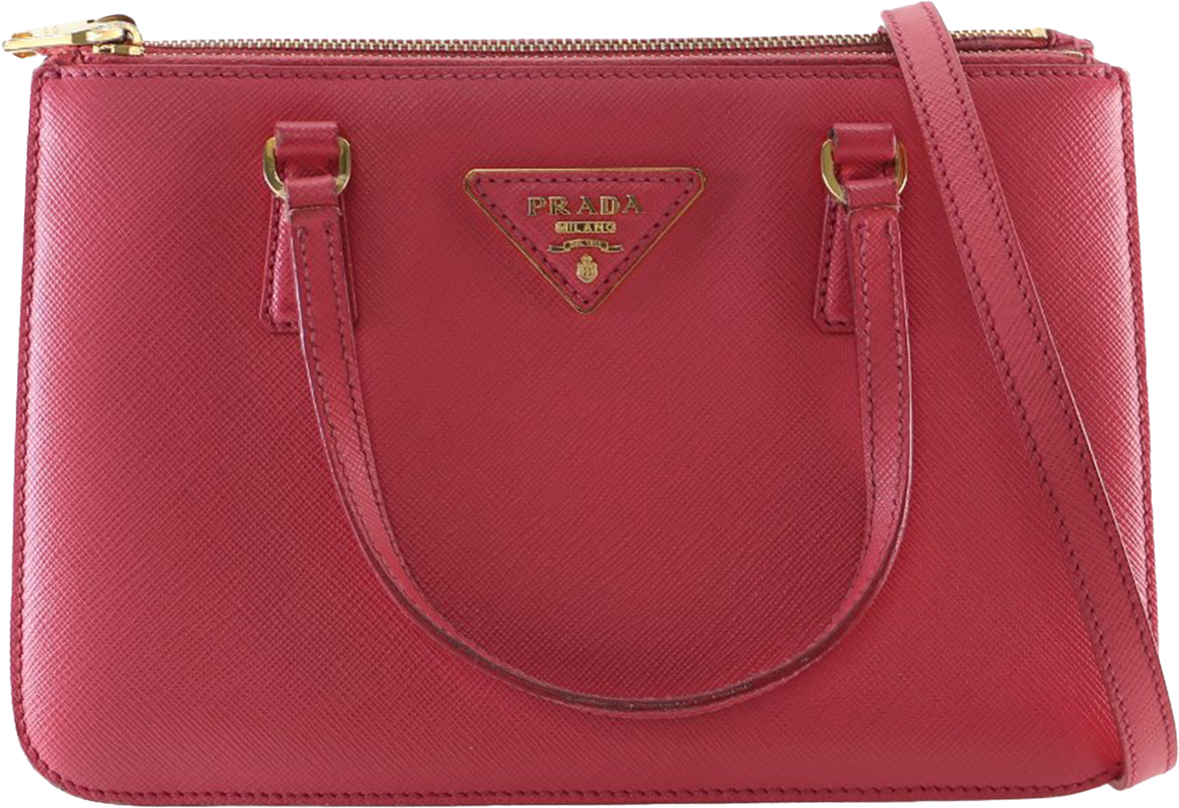 Prada Mini Saffiano Lux Galleria Double Zip Satchel, från Luxclusif, i färgen pink. Klicka för att öppna bilden i stort format