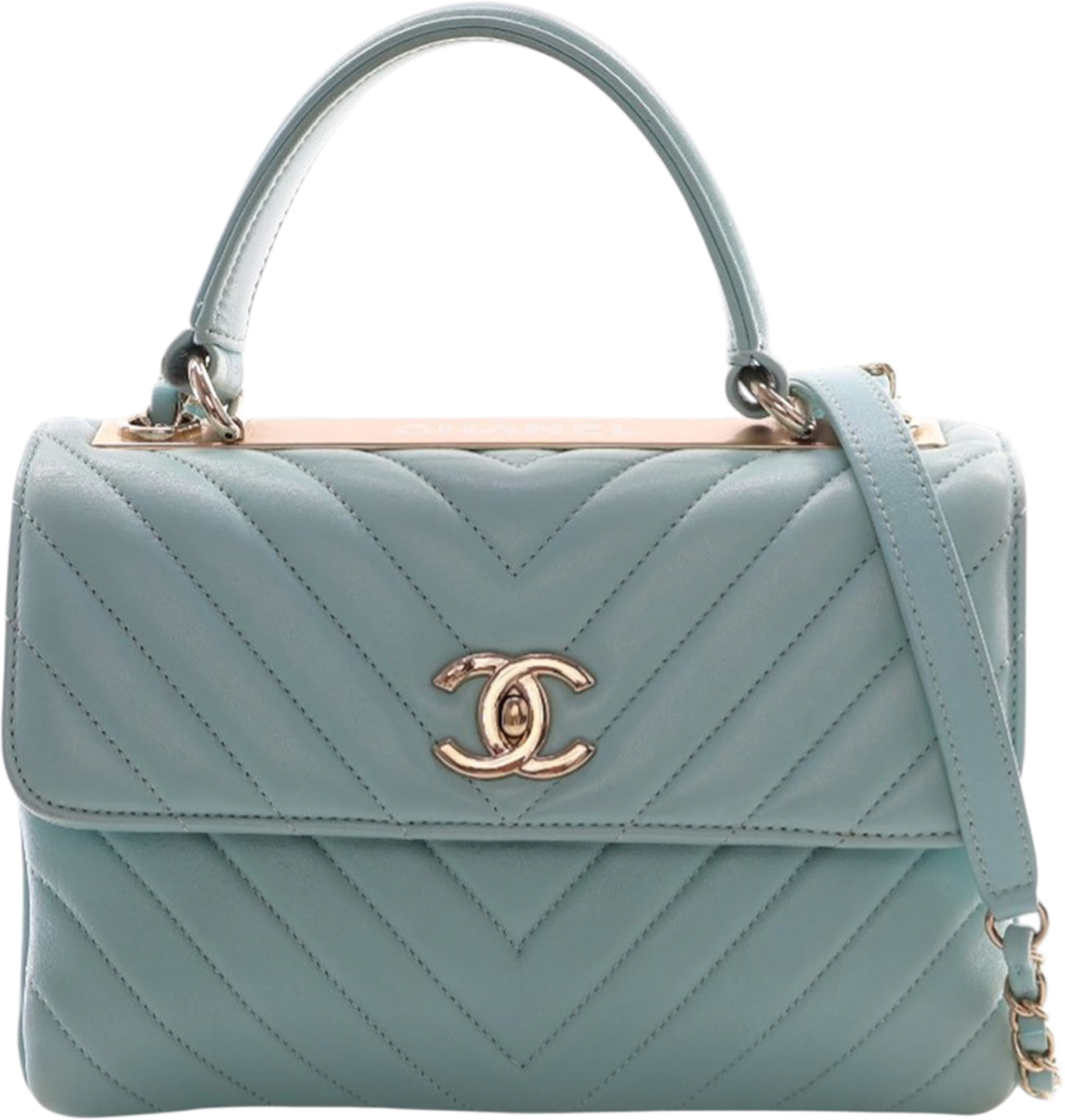 Chanel Small Chevron Lambskin Trendy Cc Top Handle Flap, från Luxclusif, i färgen light blue. Klicka för att öppna bilden i stort format