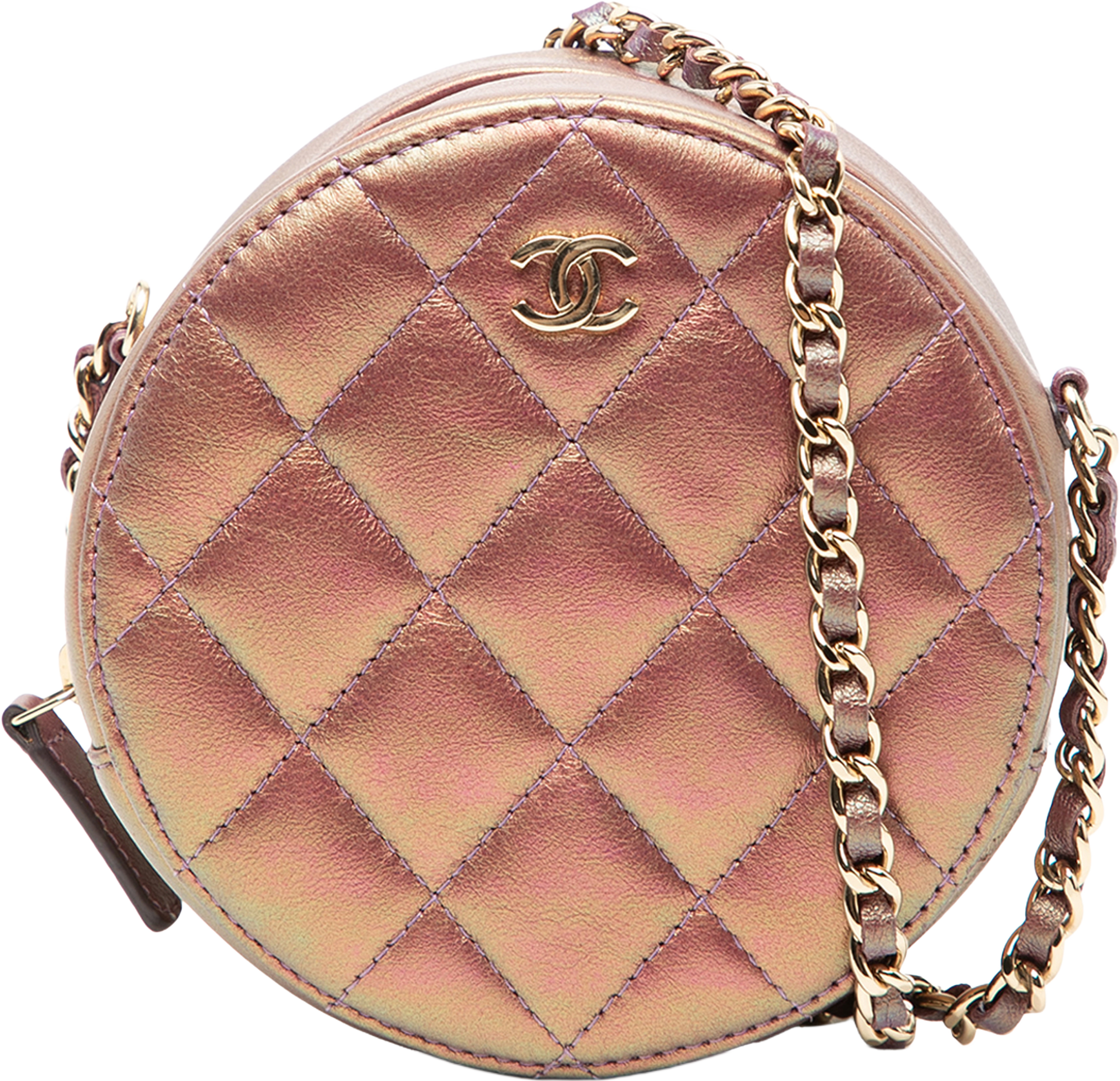 Chanel Quilted Iridescent Lambskin Round Clutch With Chain, från Luxclusif, i färgen purple. Klicka för att öppna bilden i stort format