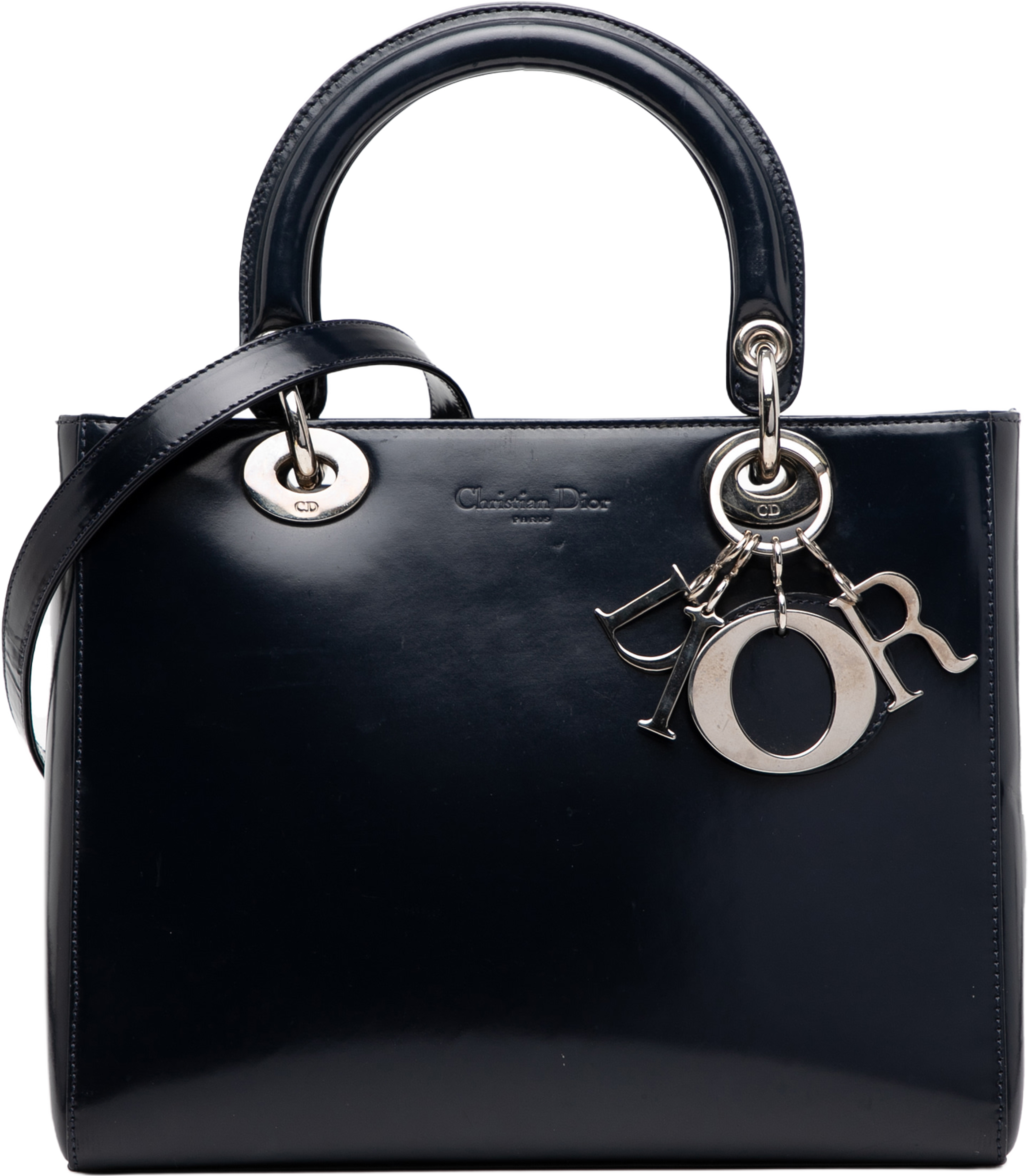 Dior Medium Glazed Calfskin Lady Dior, från Luxclusif, i färgen navy. Klicka för att öppna bilden i stort format