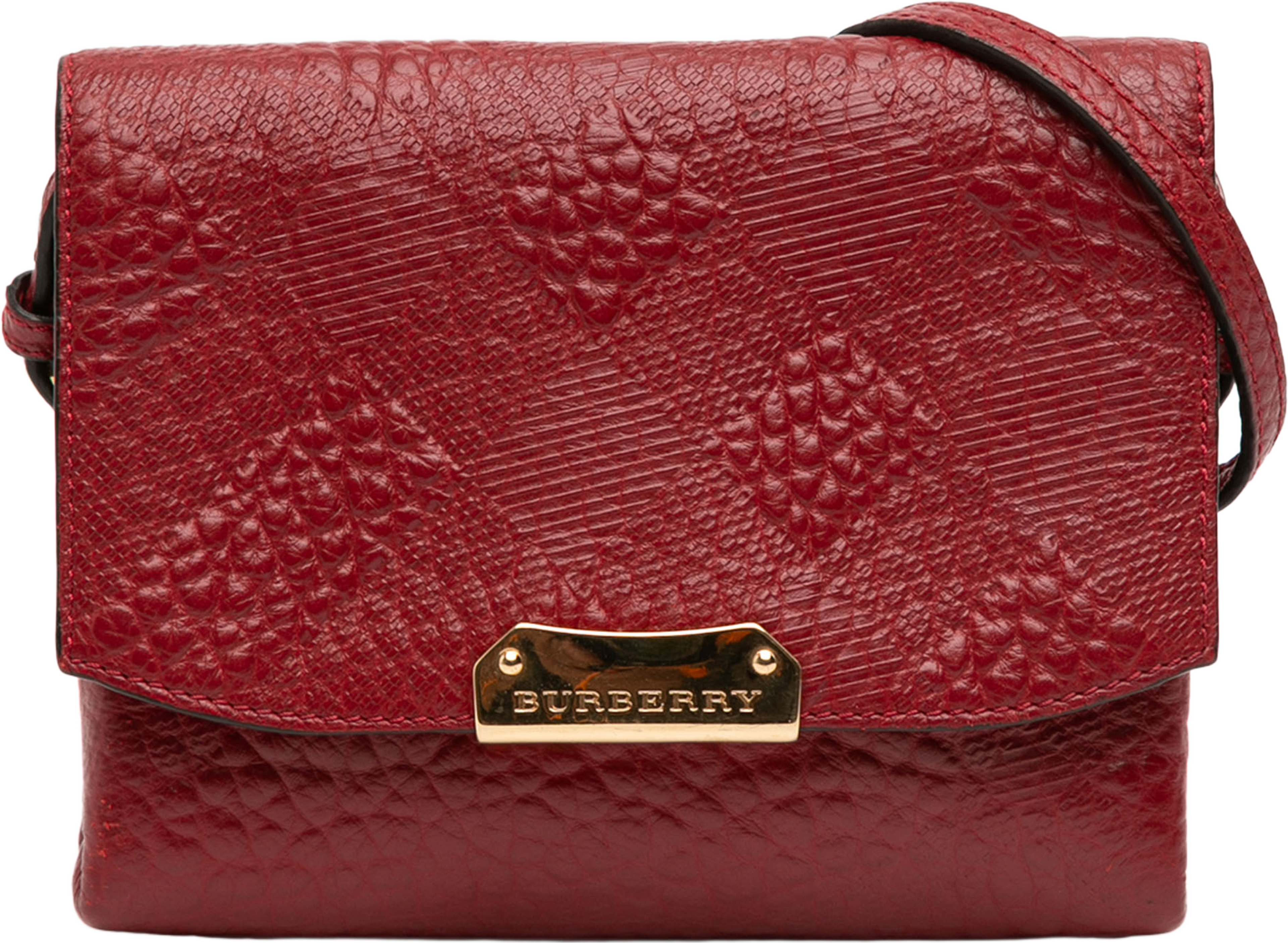 Burberry Embossed Grain Check Leather Langley Crossbody, från Luxclusif, i färgen red. Klicka för att öppna bilden i stort format
