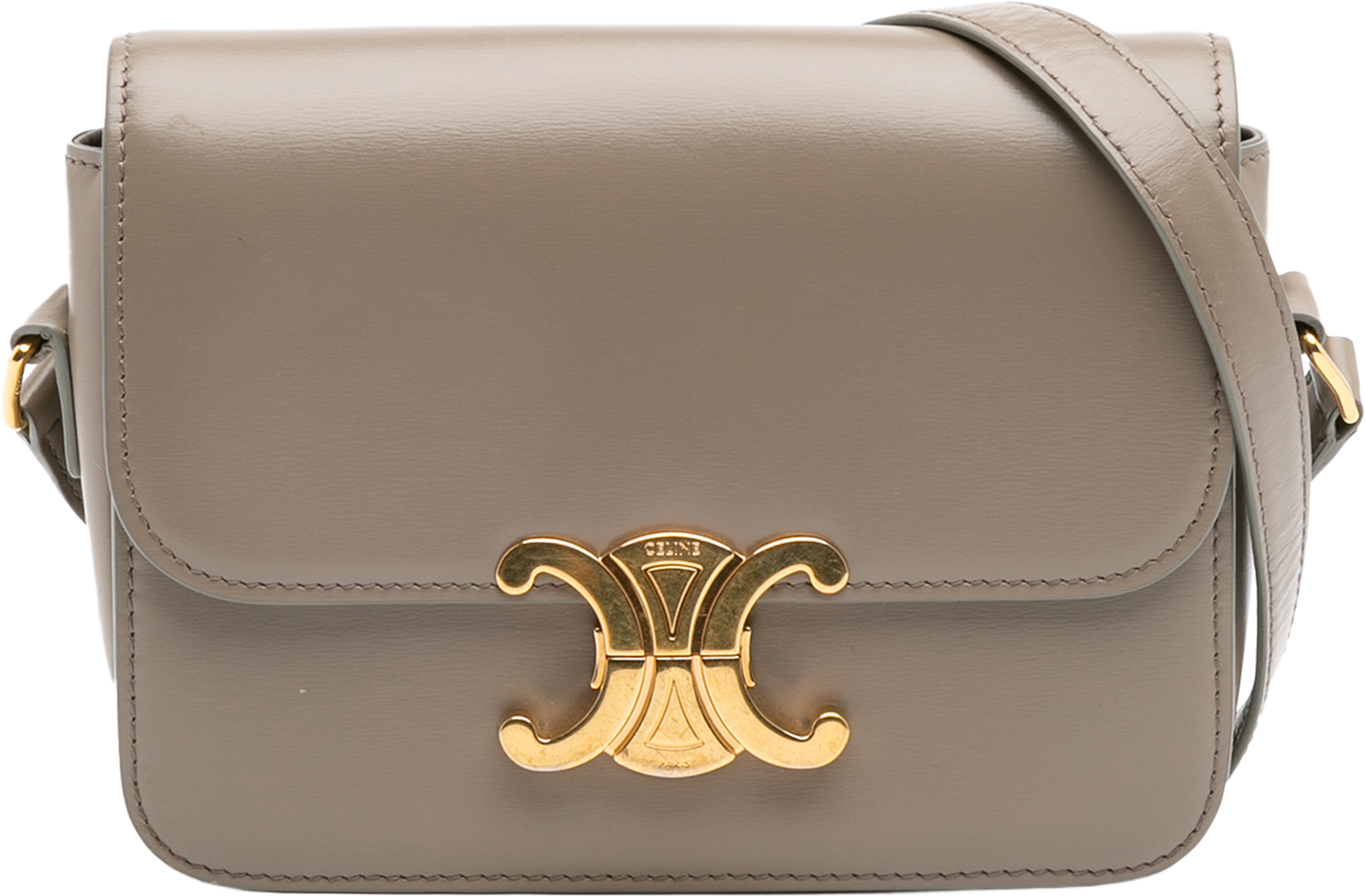 Celine Teen Shiny Calfskin Triomphe Crossbody, från Luxclusif, i färgen taupe. Klicka för att öppna bilden i stort format