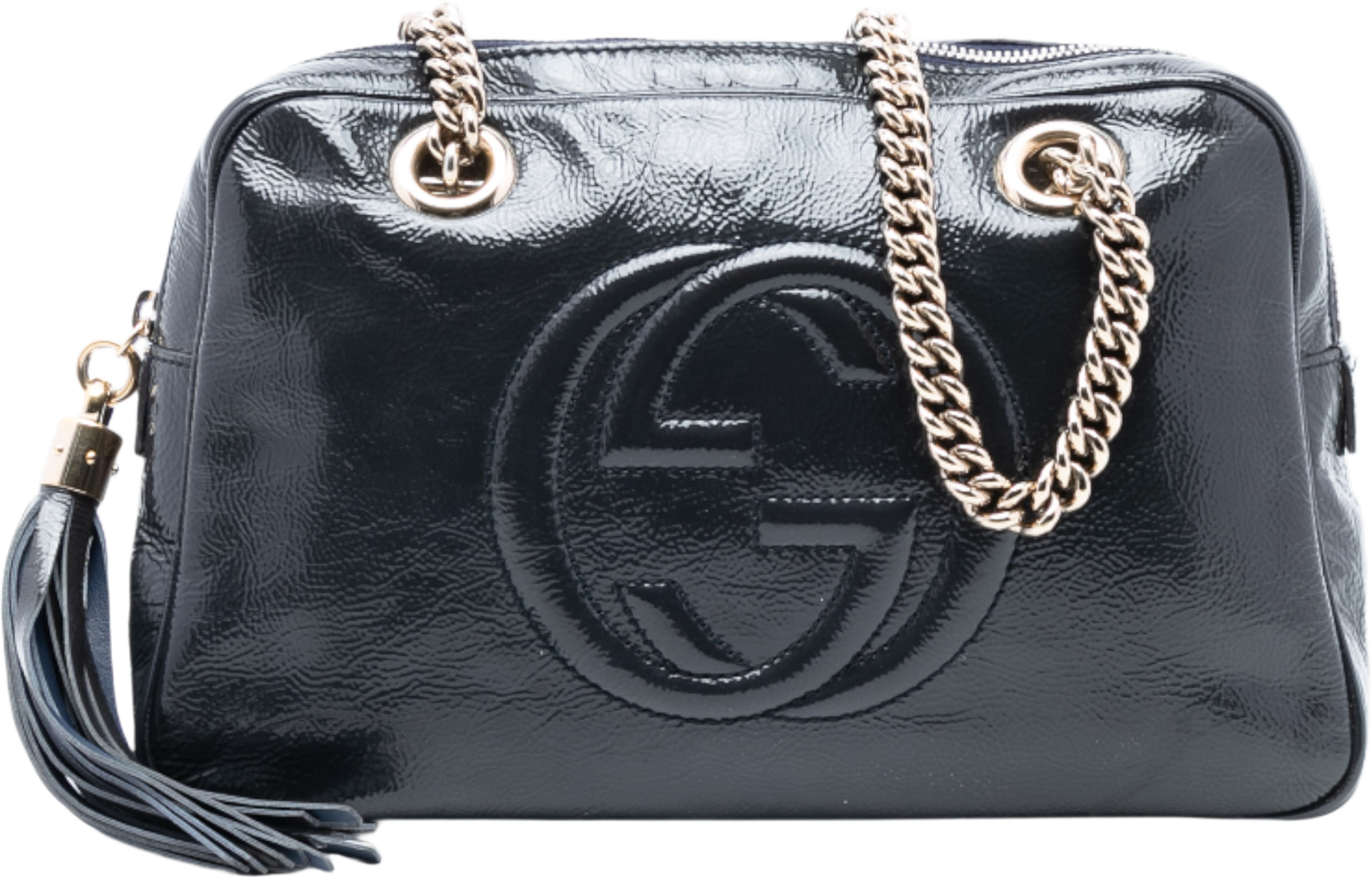 Gucci Patent Soho Chain Zip Shoulder Bag, från Luxclusif, i färgen navy. Klicka för att öppna bilden i stort format
