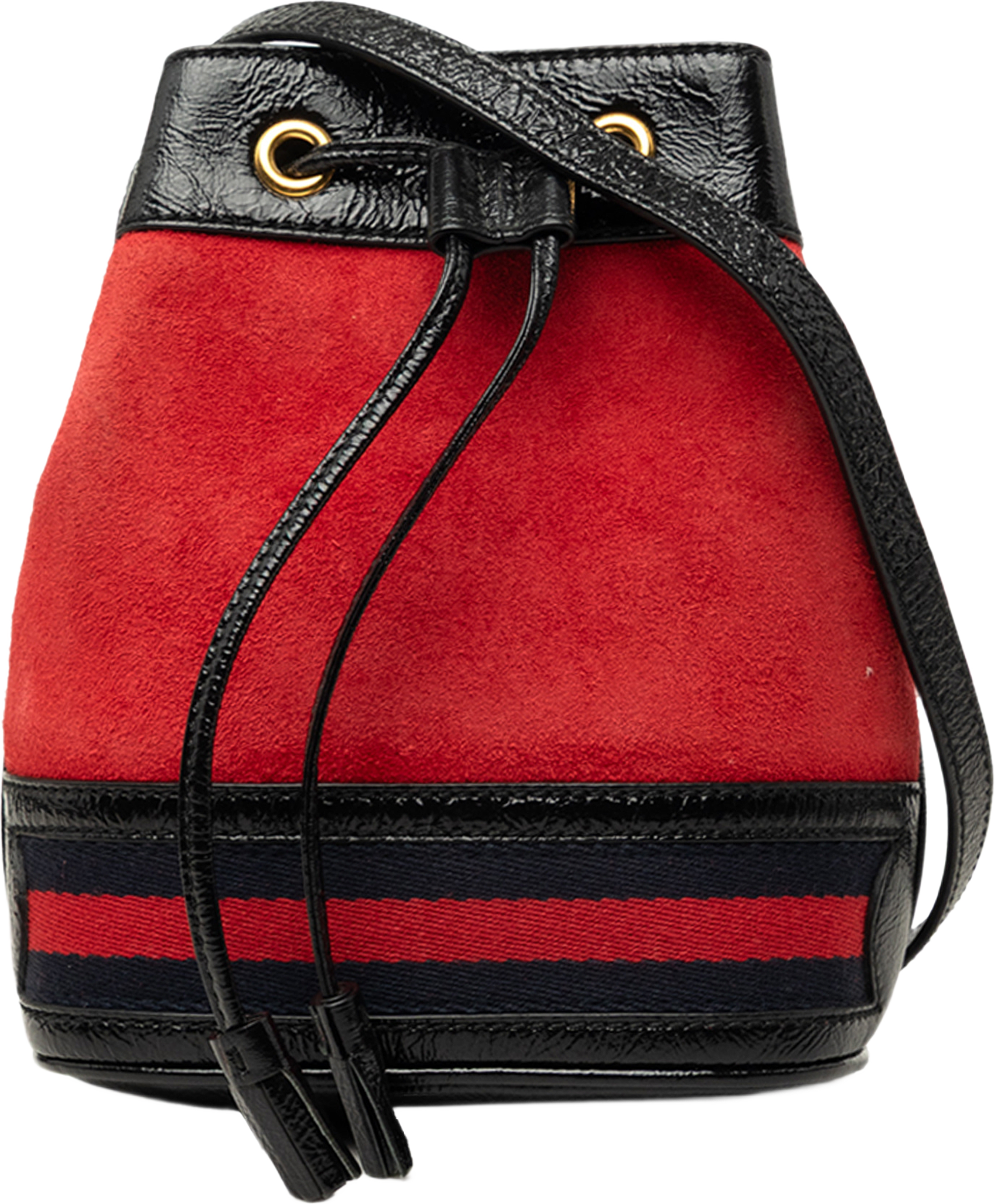 Gucci Mini Suede And Patent Web Ophidia Bucket Bag, från Luxclusif, i färgen röd. Klicka för att öppna bilden i stort format