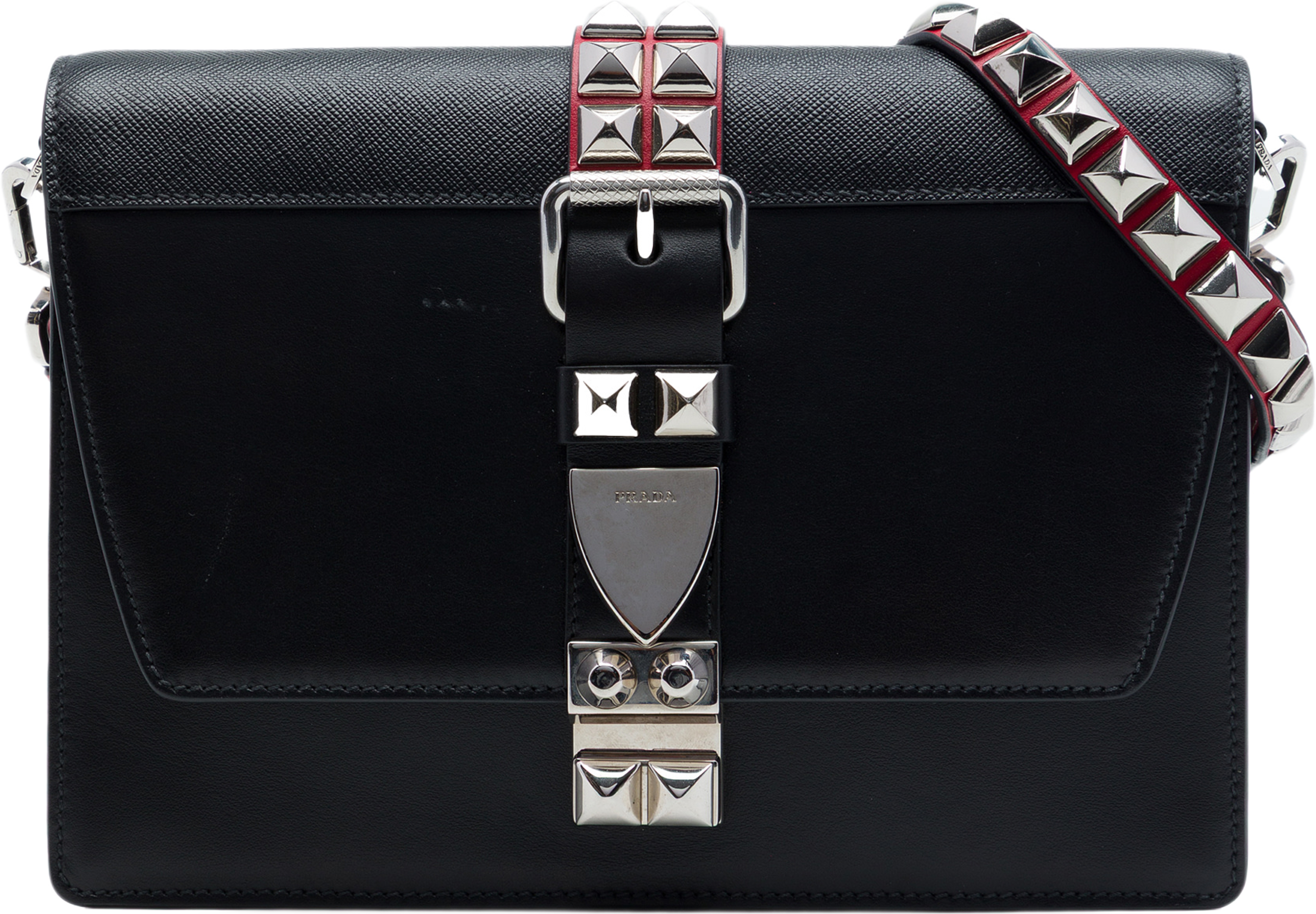 Prada City Calfskin And Saffiano Studded Elektra Crossbody, från Luxclusif, i färgen svart. Klicka för att öppna bilden i stort format