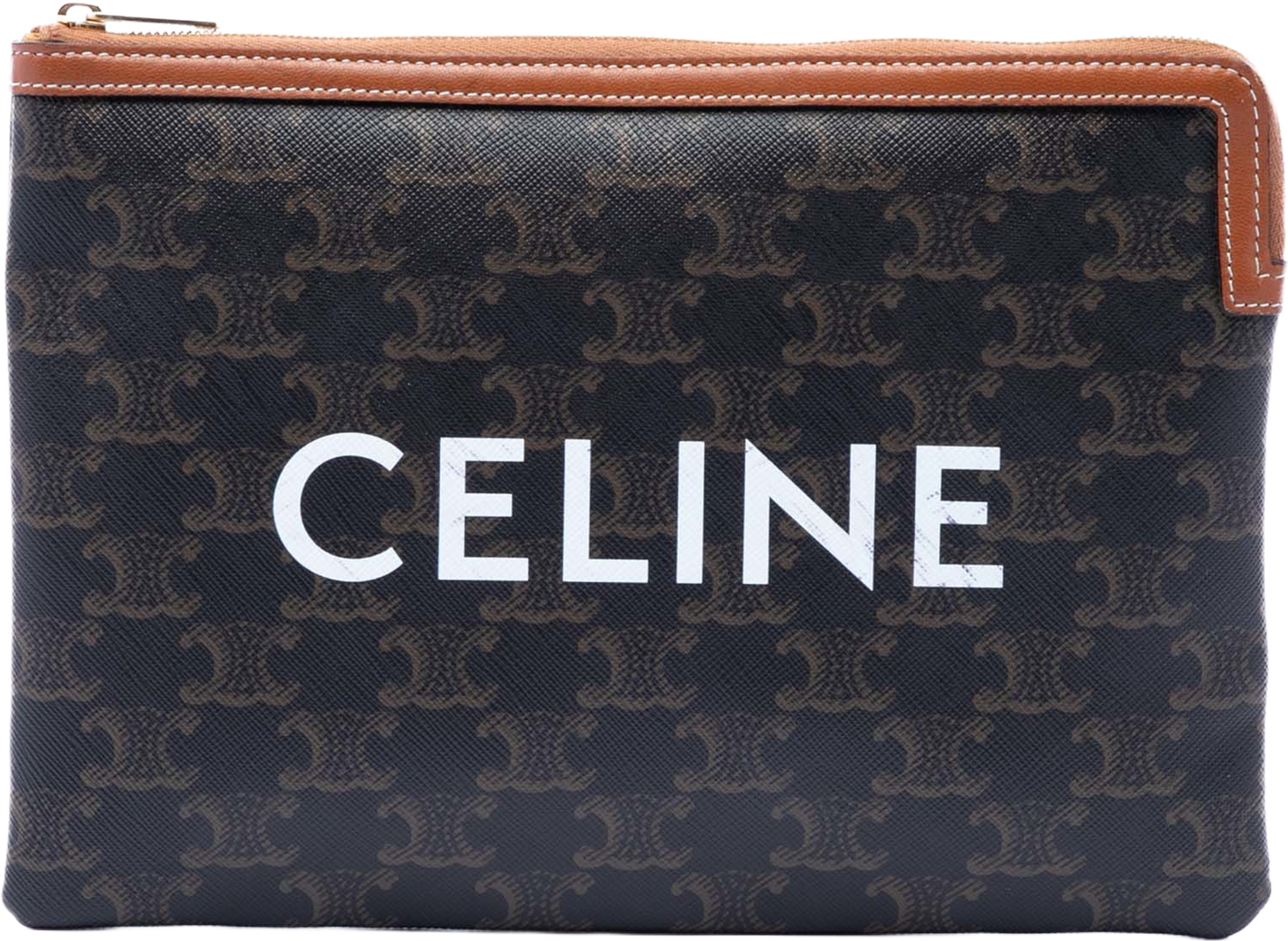 Celine Small Triomphe Coated Canvas Clutch, från Luxclusif, i färgen dark brown. Klicka för att öppna bilden i stort format