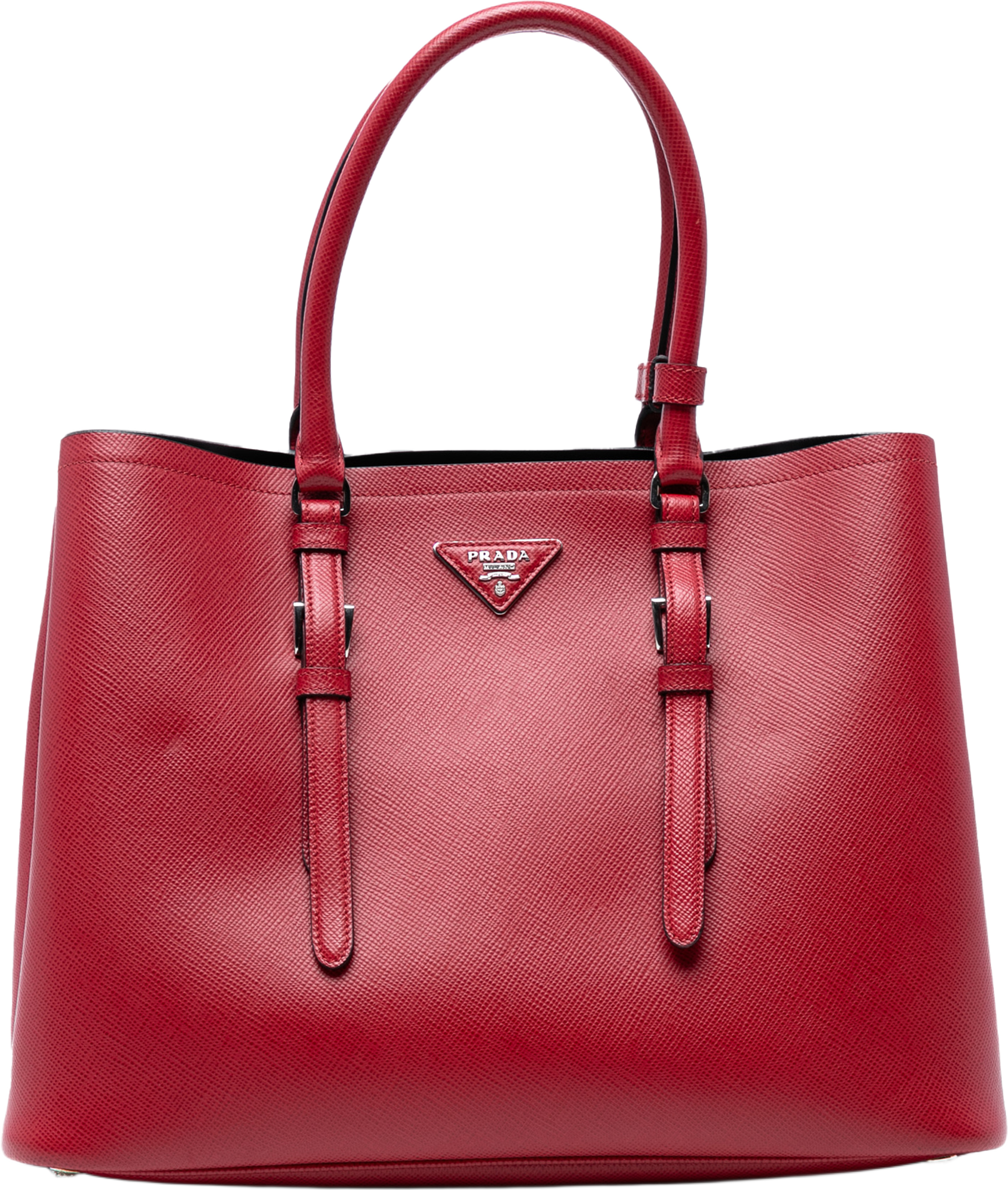 Prada Medium Saffiano Cuir Double Handle Satchel, från Luxclusif, i färgen red. Klicka för att öppna bilden i stort format